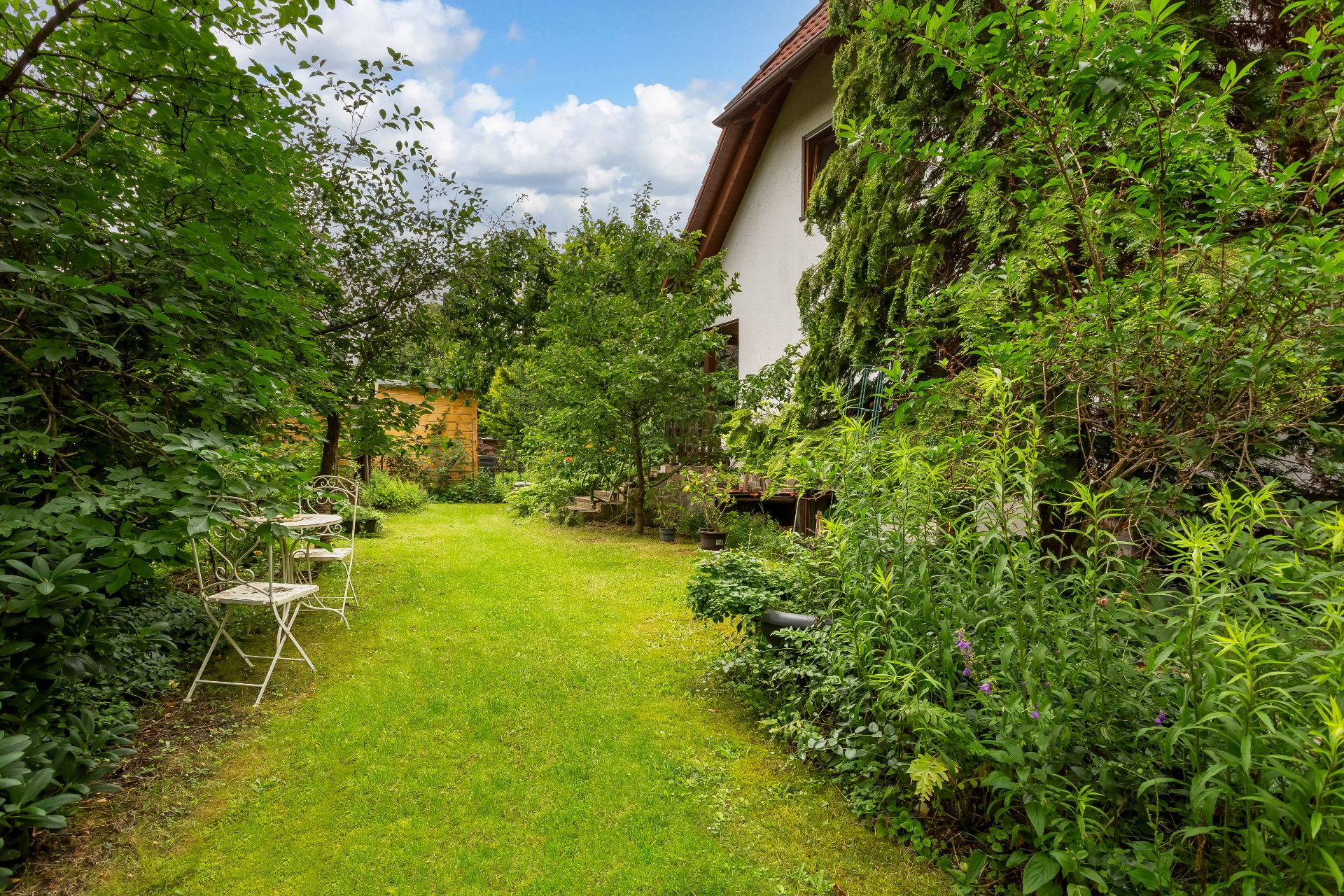 Grüner Garten mit Rasenfläche, Bäumen, Sträuchern und weißen Stühlen neben einem Haus.