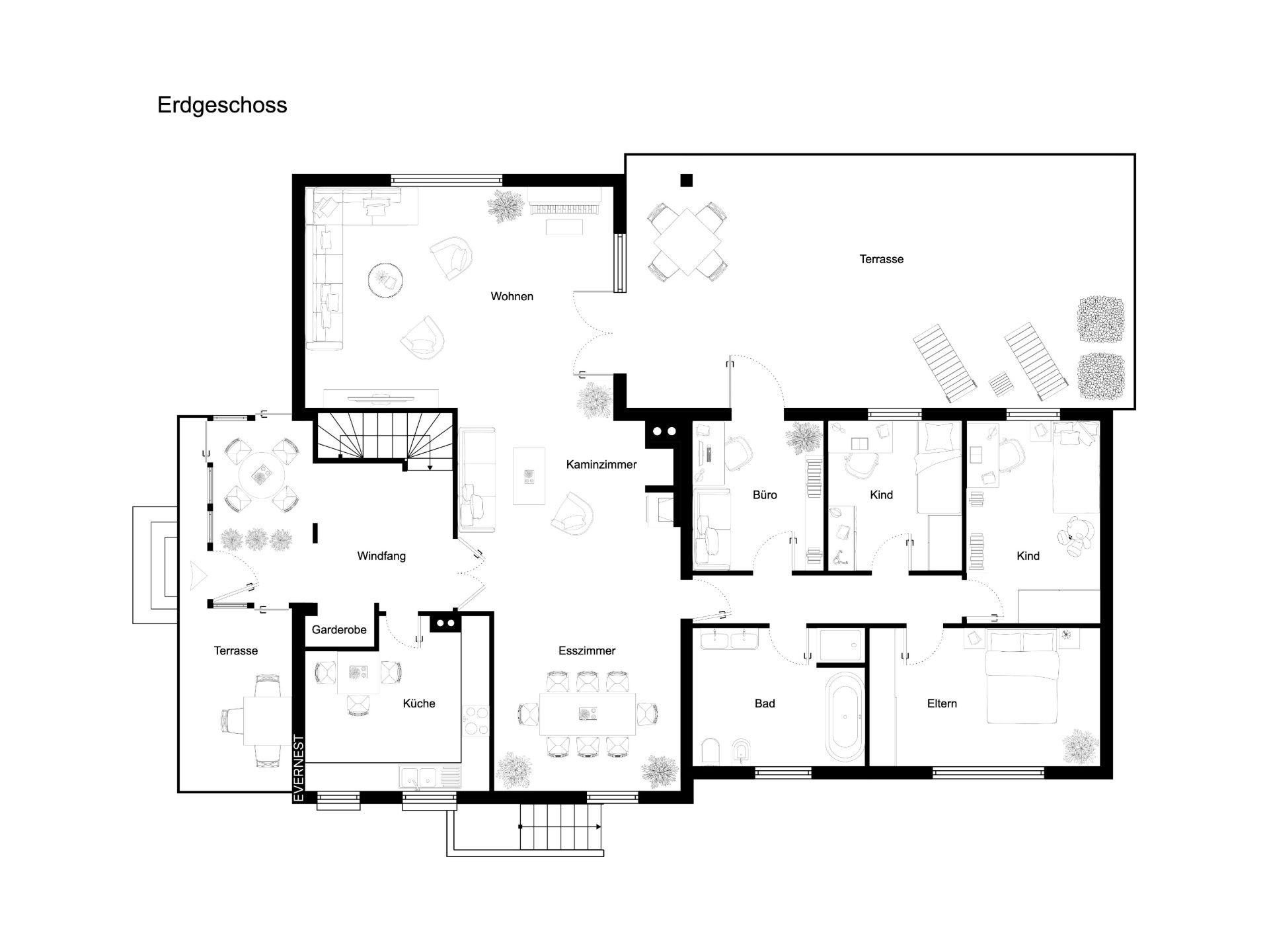 Grundriss des Erdgeschosses mit Wohnzimmer, Esszimmer, Küche, Bad, Schlafzimmern und Terrasse.