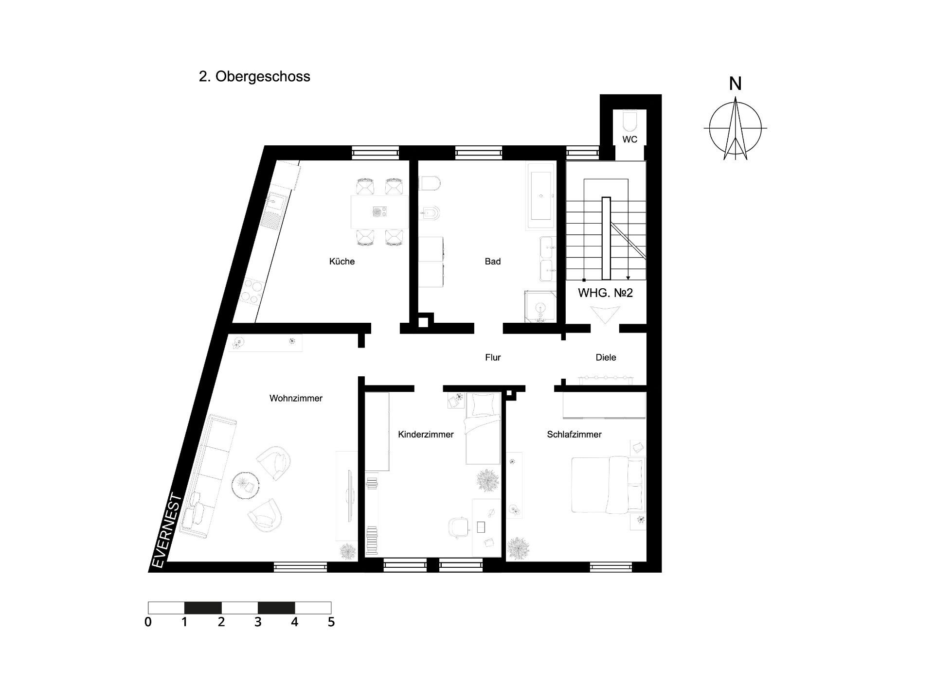 Grundriss einer Wohnung mit Wohnzimmer, Küche, Bad, Kinderzimmer und Schlafzimmer.