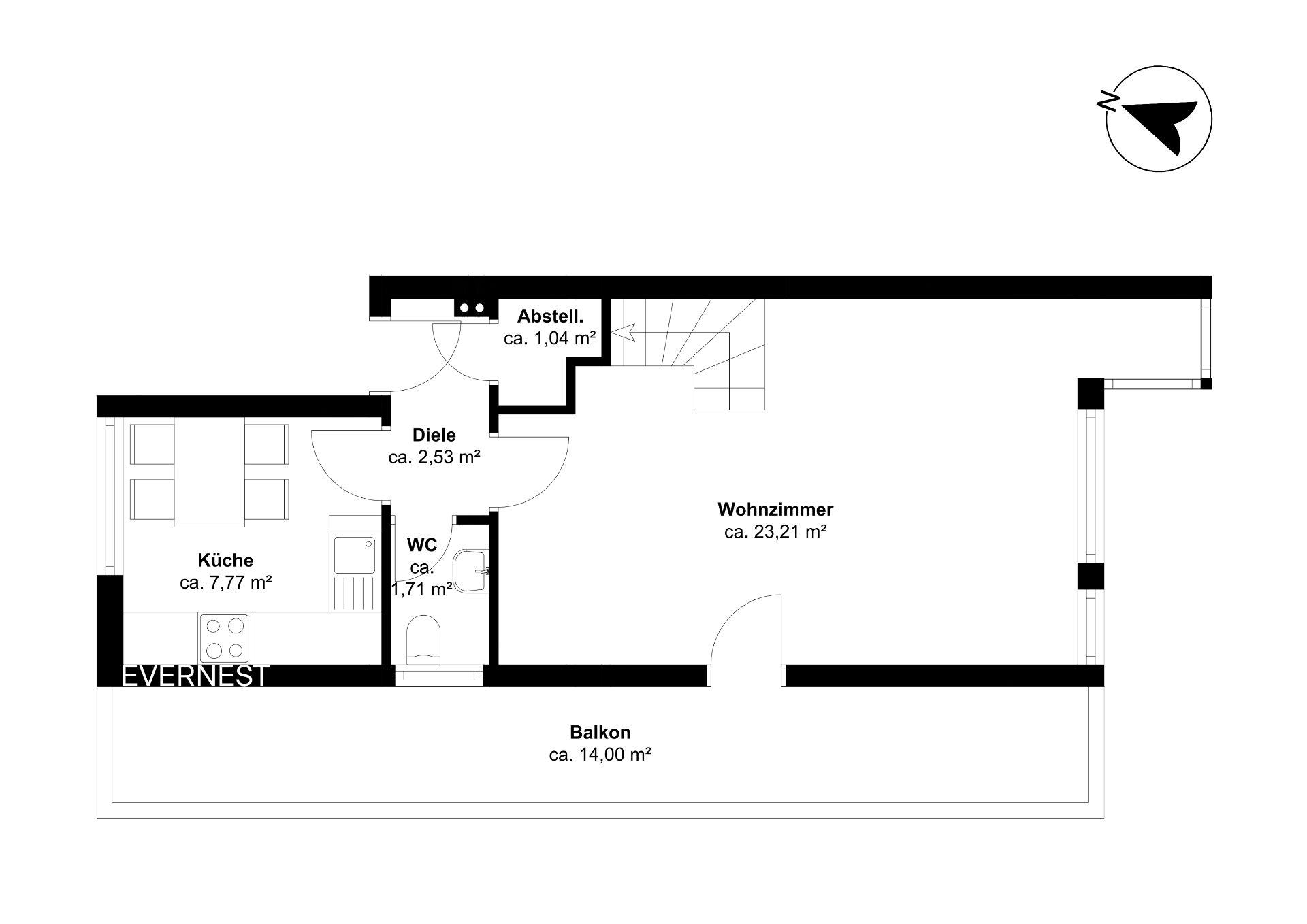 Grundriss einer Wohnung mit Küche, Wohnzimmer, WC, Abstellraum, Diele und Balkon.