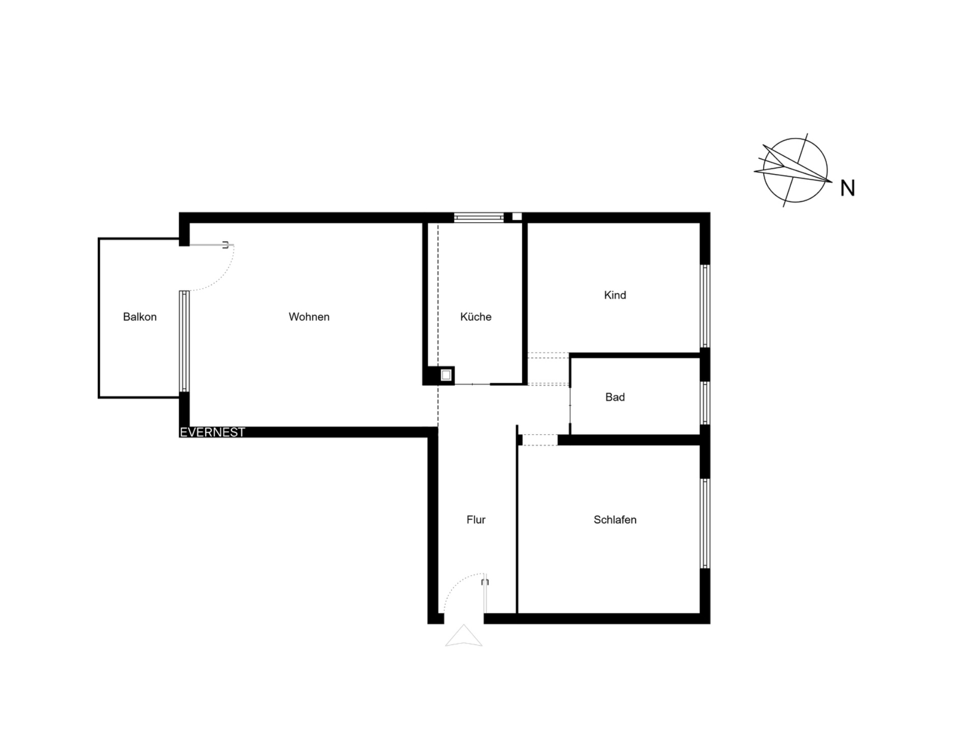 Grundriss einer Wohnung mit Balkon, Wohnzimmer, Küche, Bad, Flur, Schlafzimmer und Kinderzimmer.