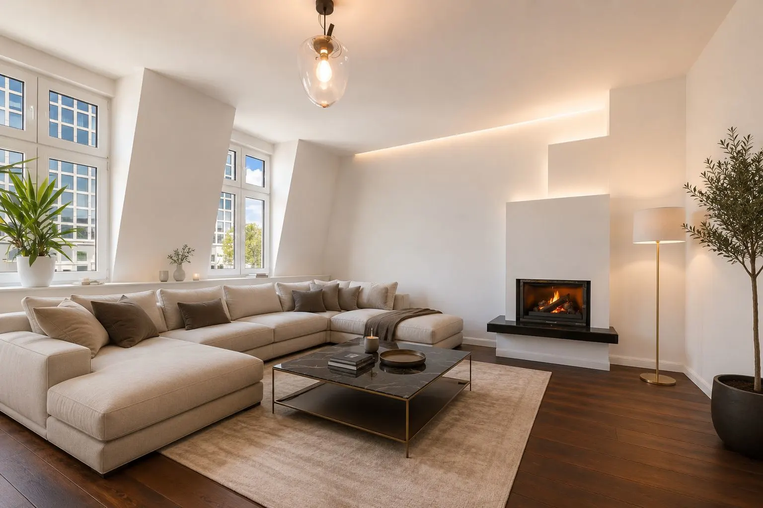 Helles Wohnzimmer mit großem Sofa, Couchtisch, Kamin, Stehlampe und Pflanzen am Fenster.