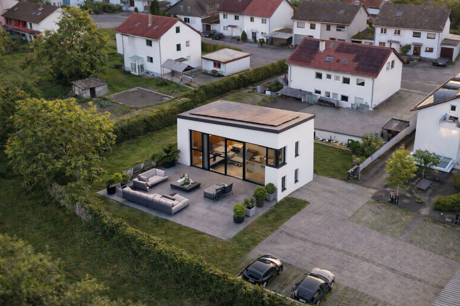 Modernes, würfelförmiges Haus mit großer Terrasse und zwei geparkten Autos im Garten.