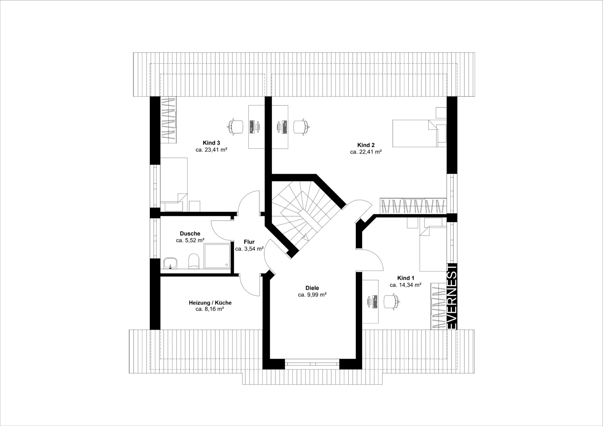 Grundriss mit drei Kinderzimmern, Dusche, Heizungsraum, Flur und Diele.