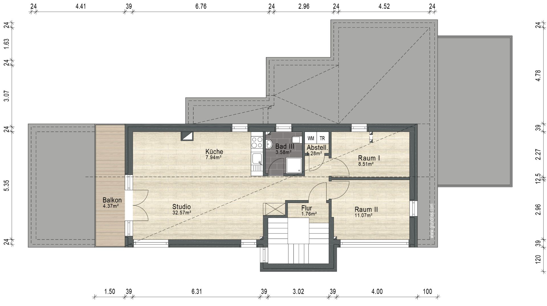 Grundriss einer Wohnung mit Balkon, Studio, Küche, Bad, Abstellraum, Flur und zwei Räumen.