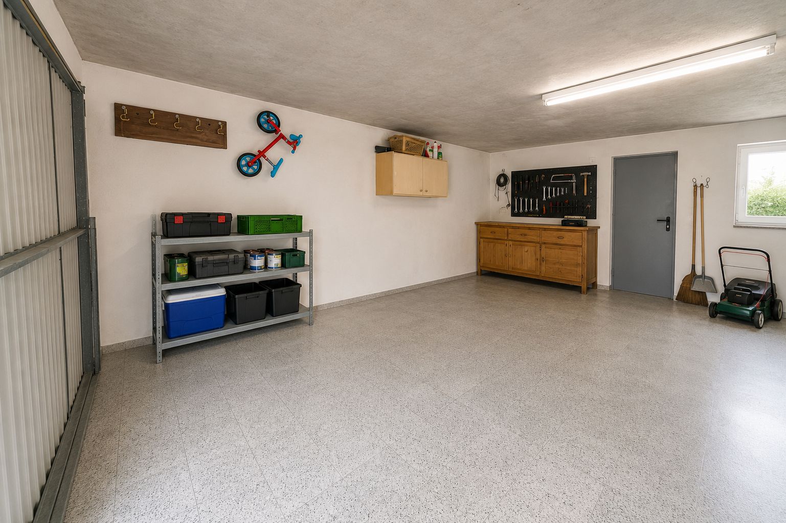 Geräumige Garage mit Regalen, Werkzeugen, Rasenmäher und einem Kinderdreirad an der Wand.