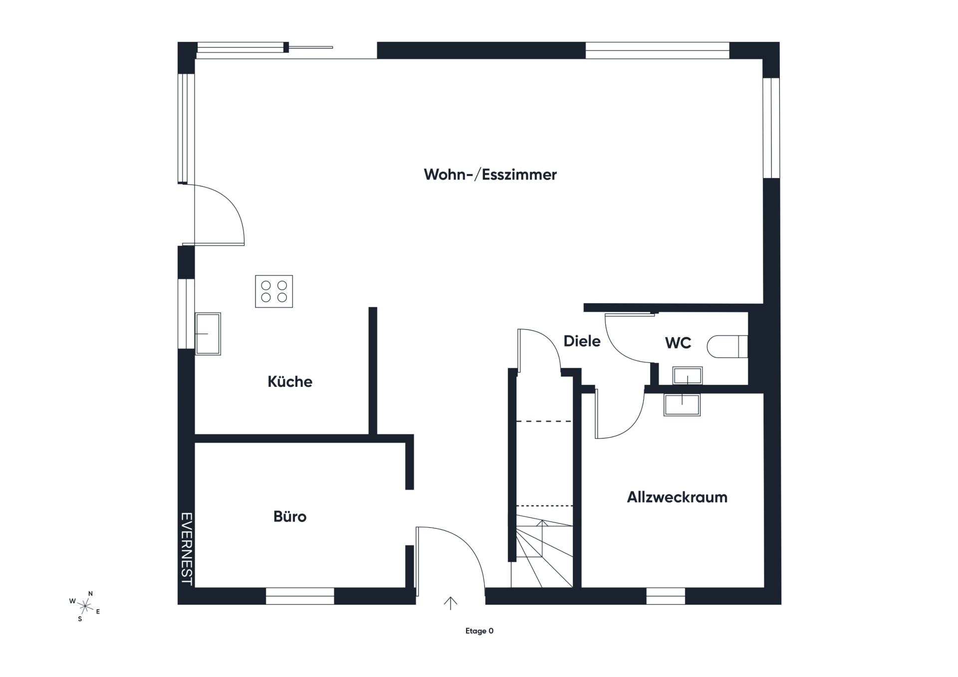 Grundriss zeigt Küche, Büro, Wohn-/Esszimmer, Diele, WC und Allzweckraum im Erdgeschoss.