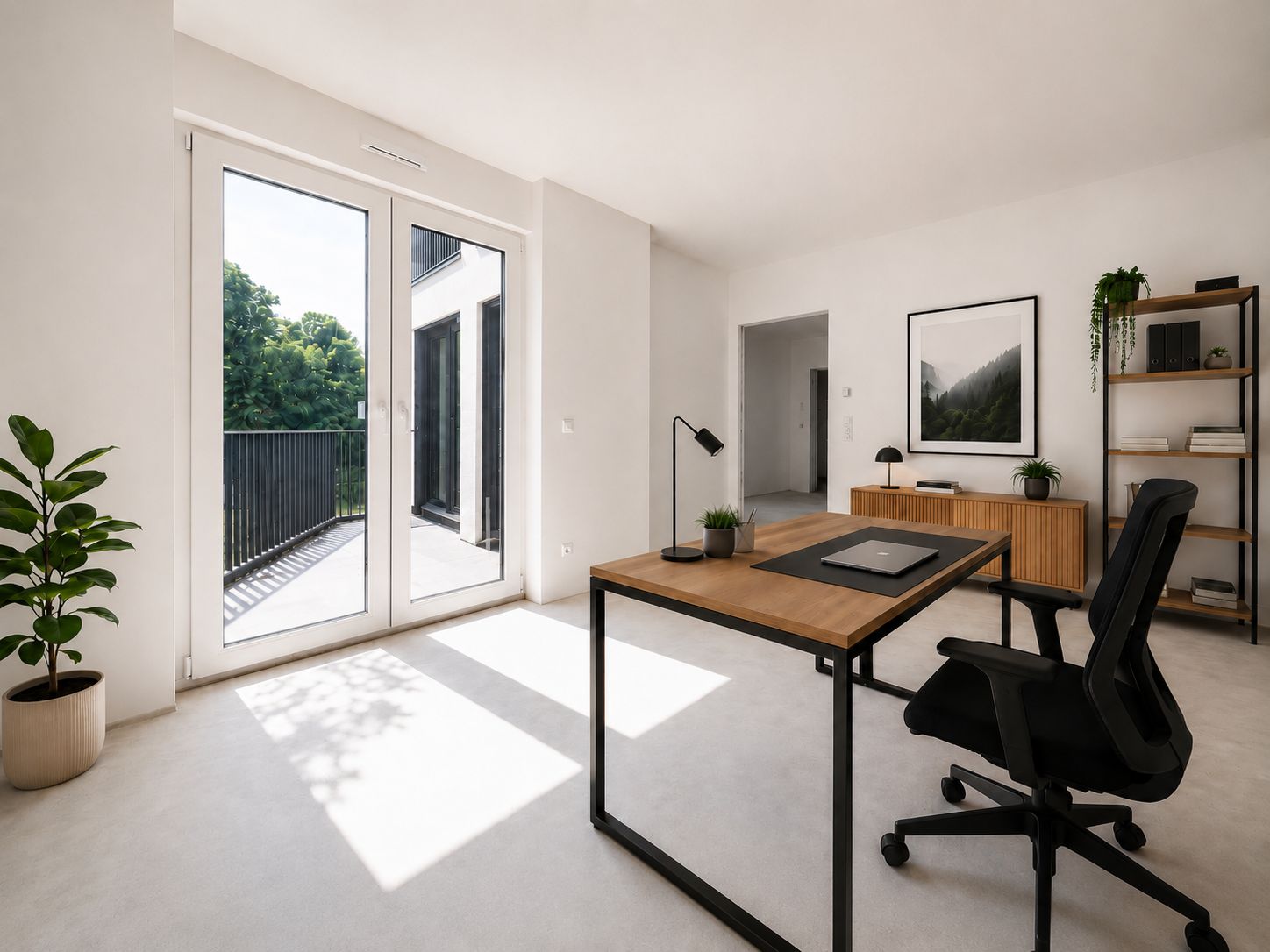 Helles Arbeitszimmer mit Schreibtisch, Stuhl, Regal, Pflanze und Balkonzugang.