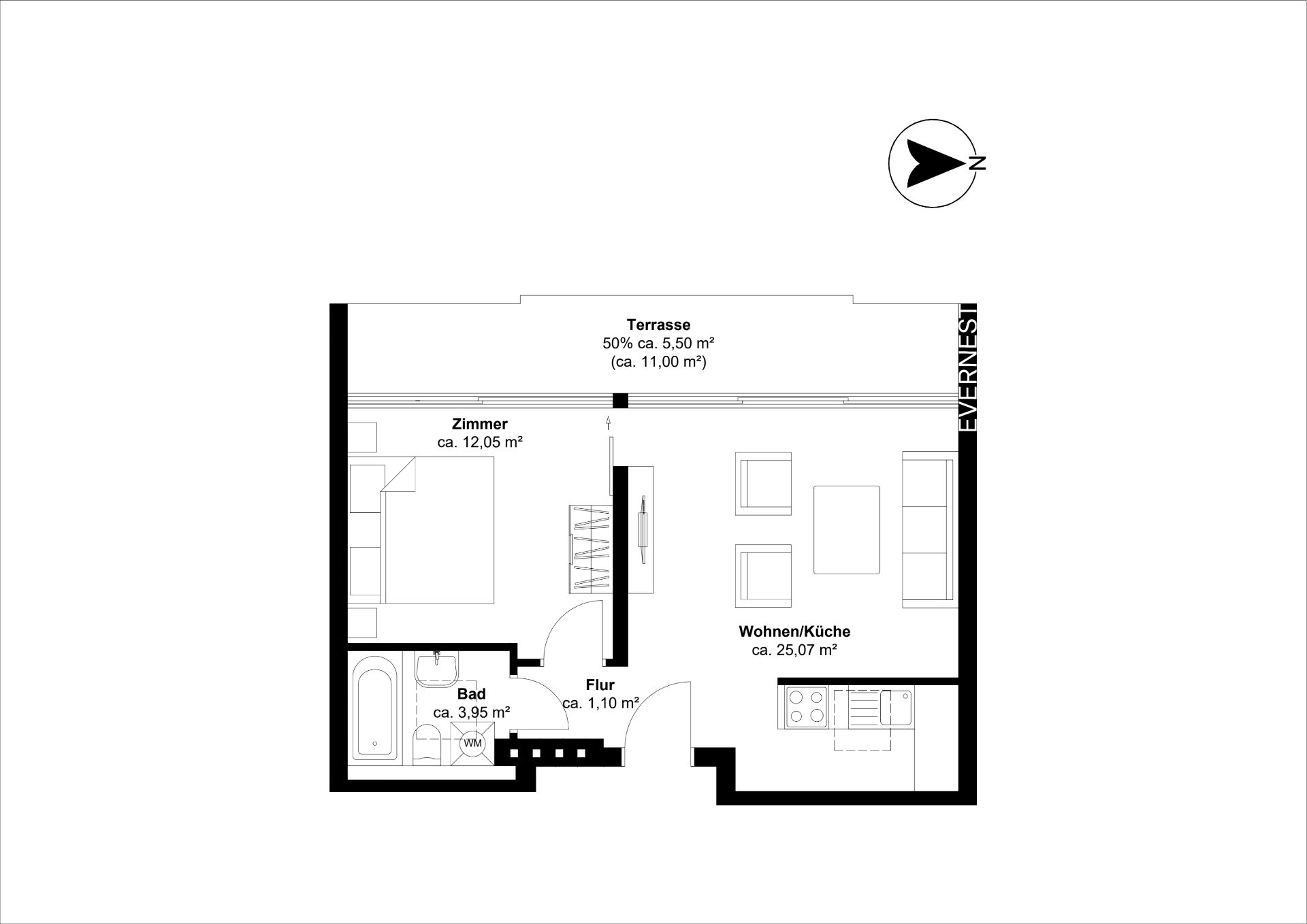 Grundriss einer Wohnung mit Wohnzimmer, Küche, Schlafzimmer, Bad, Flur und Terrasse.