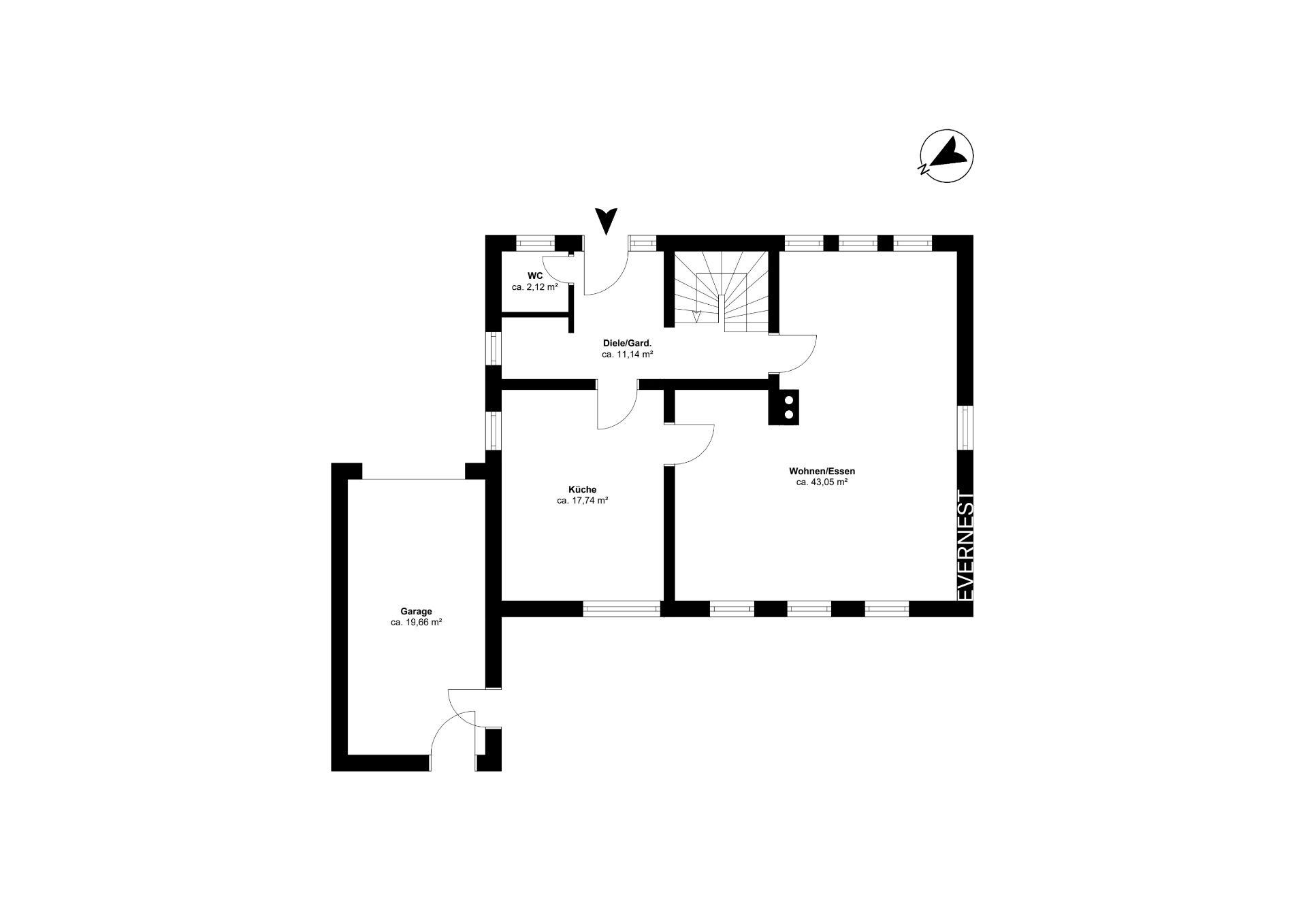 Grundriss mit Garage, Küche, WC, Diele und Wohn-/Essbereich.