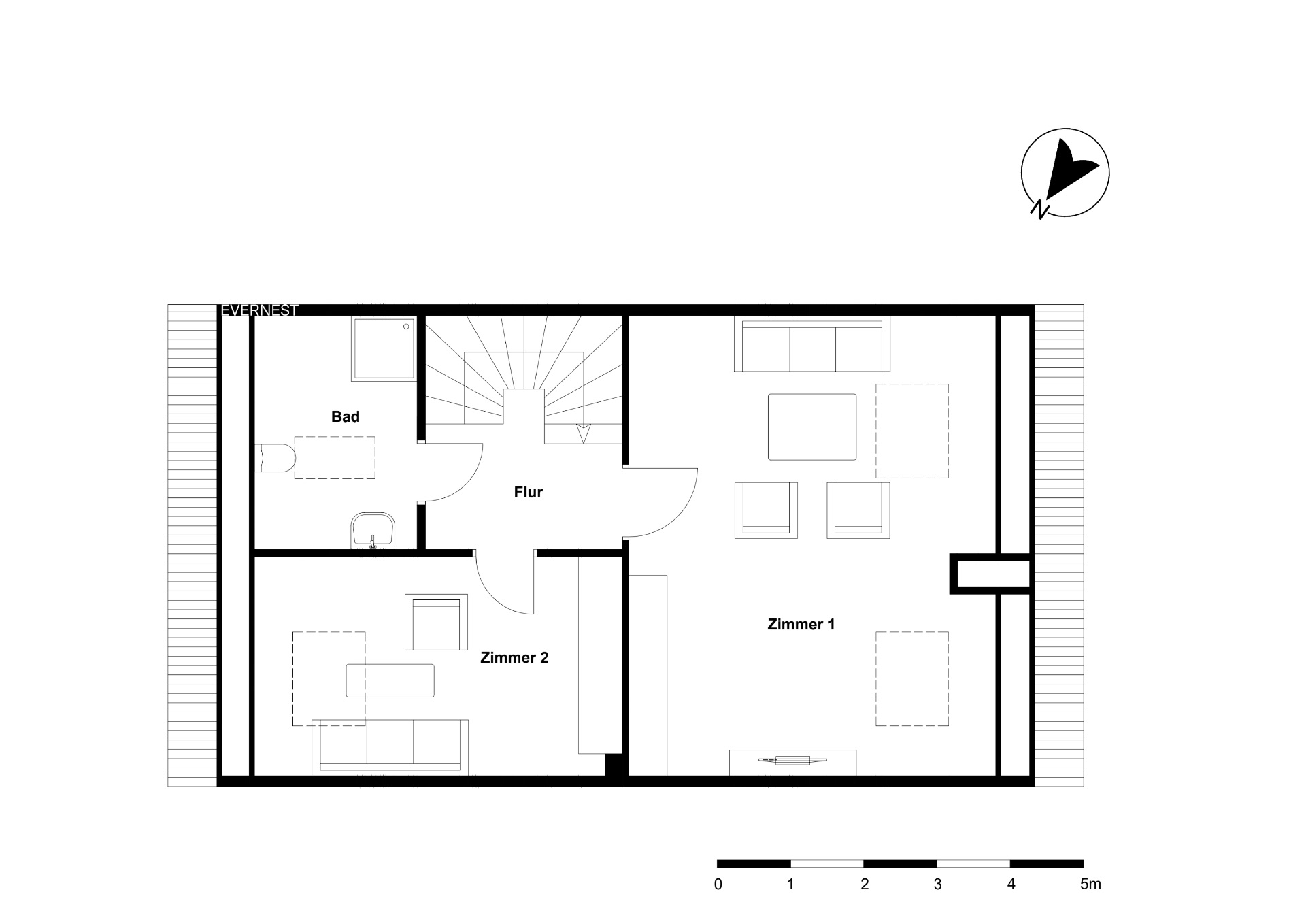 Grundriss mit Flur, Bad, Zimmer 1 und Zimmer 2 sowie eingezeichneten Möbeln.