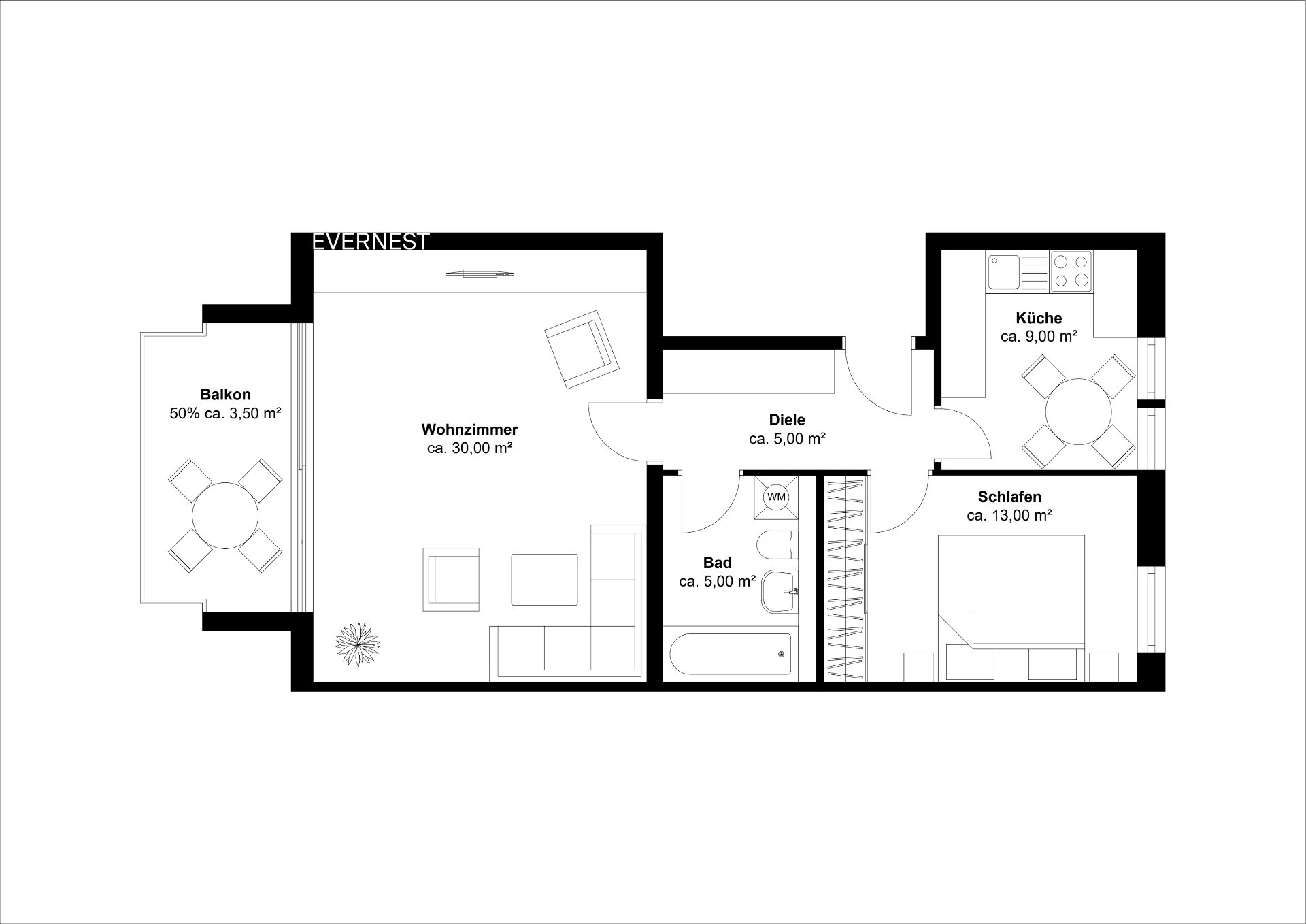 Grundriss einer Wohnung mit Wohnzimmer, Schlafzimmer, Küche, Bad, Diele und Balkon.