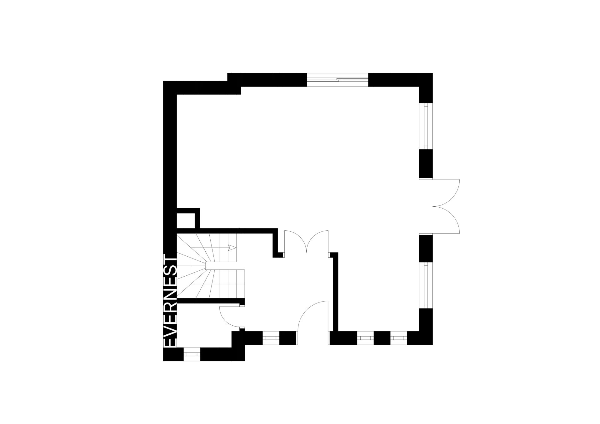 Schwarz-weißer Grundriss mit Treppe und mehreren Räumen, Türen und Fenstern.