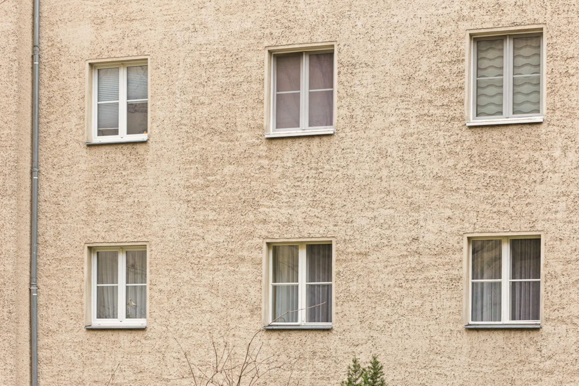Mehrere Fenster an einer hellen Putzfassade eines Wohngebäudes.