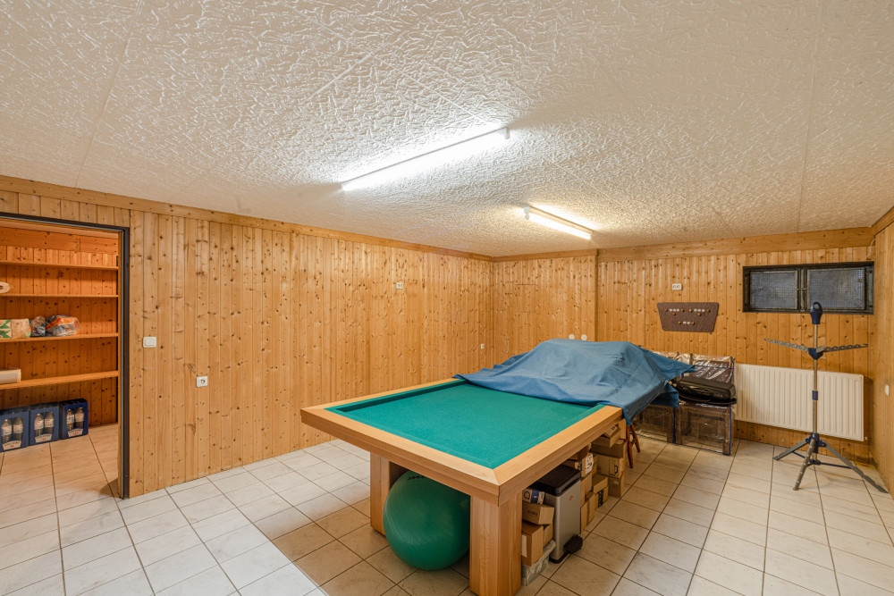 Kellerraum mit Holzvertäfelung, Billardtisch, Regalen und Lagergegenständen.