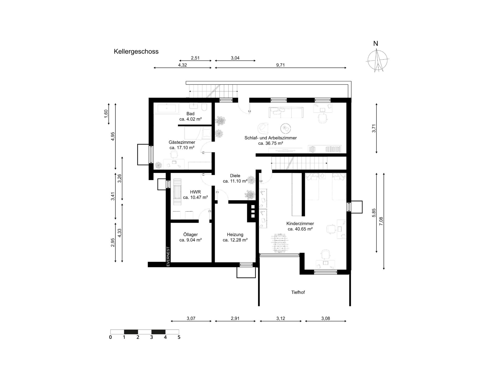 Grundriss eines Kellers mit Gästezimmer, Bad, Heizraum, Kinderzimmer und weiteren Räumen.