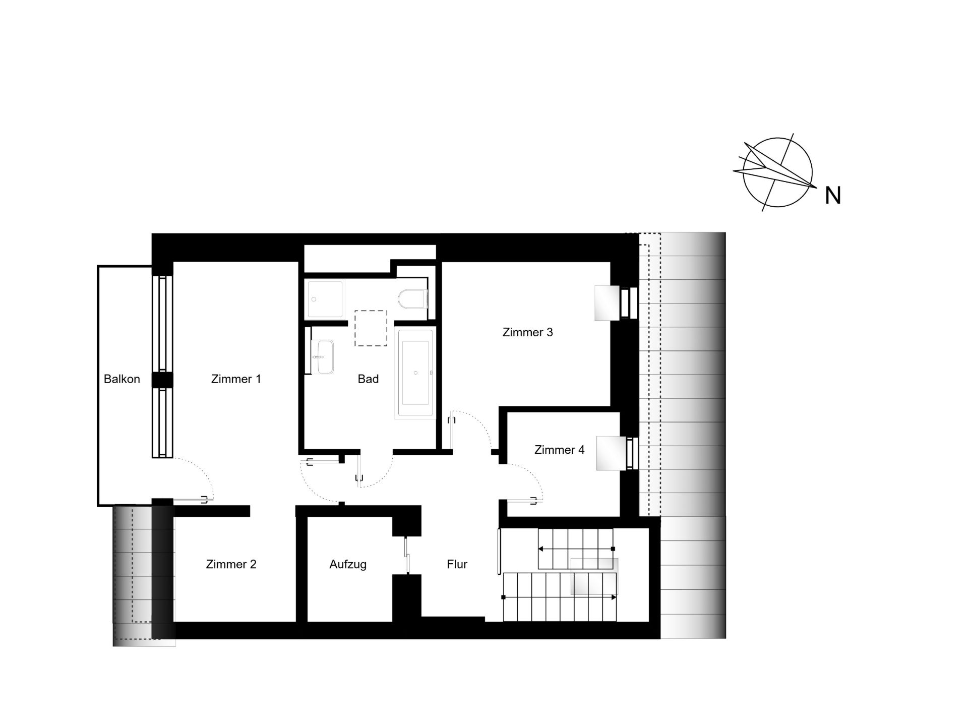 Grundriss einer Wohnung mit vier Zimmern, Bad, Flur, Aufzug und Balkon.