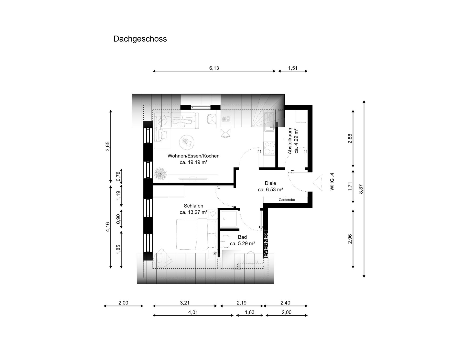 Grundriss eines Dachgeschosses mit Wohnbereich, Schlafzimmer, Bad, Abstellraum und Diele.