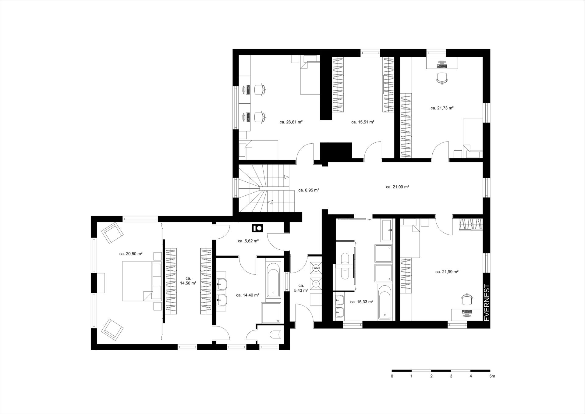 Grundriss einer Wohnung mit mehreren Zimmern, Küche, Bad und Wohnbereichen.