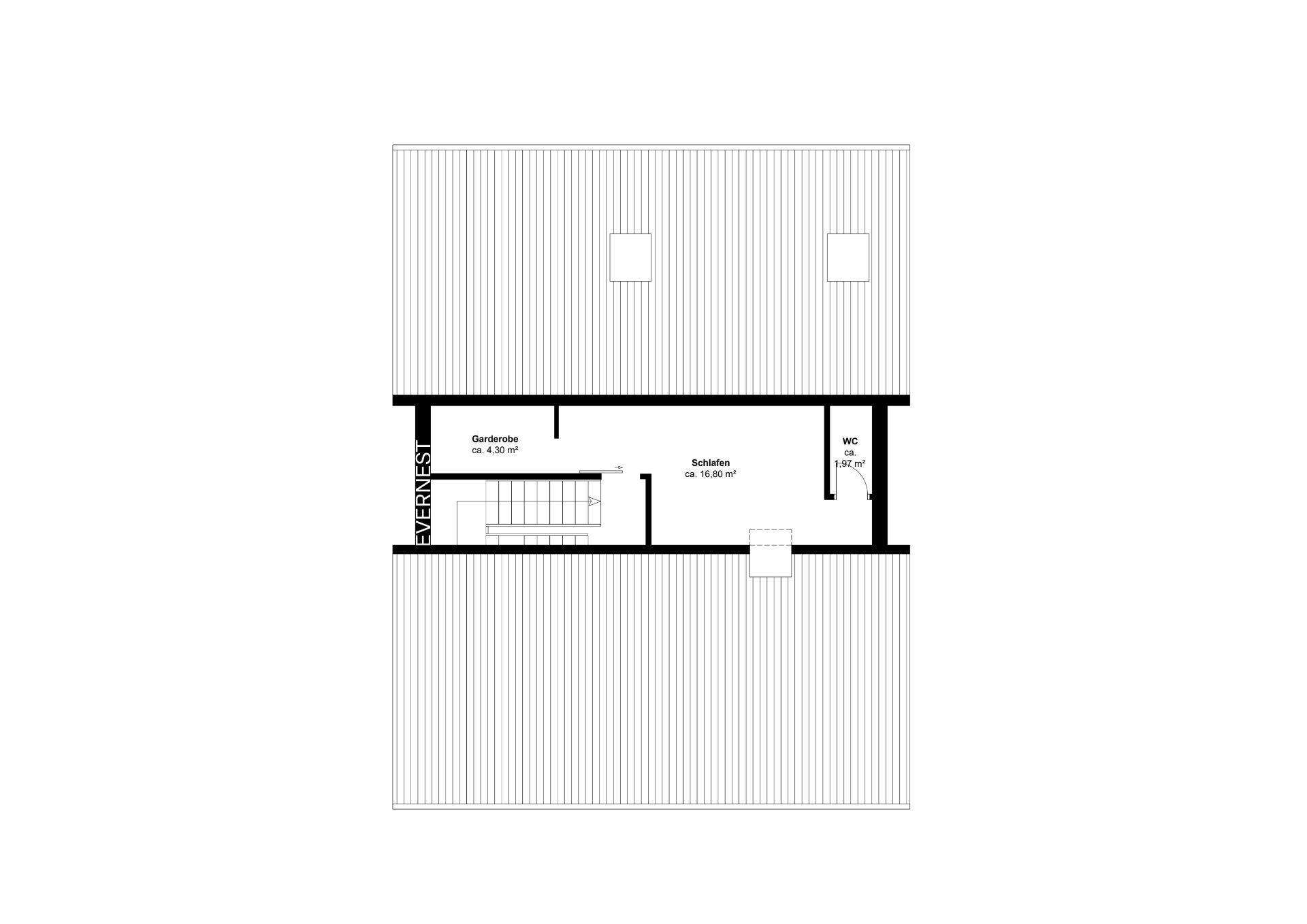 Grundriss eines Obergeschosses mit Schlafzimmer, Garderobe, WC und Treppe.
