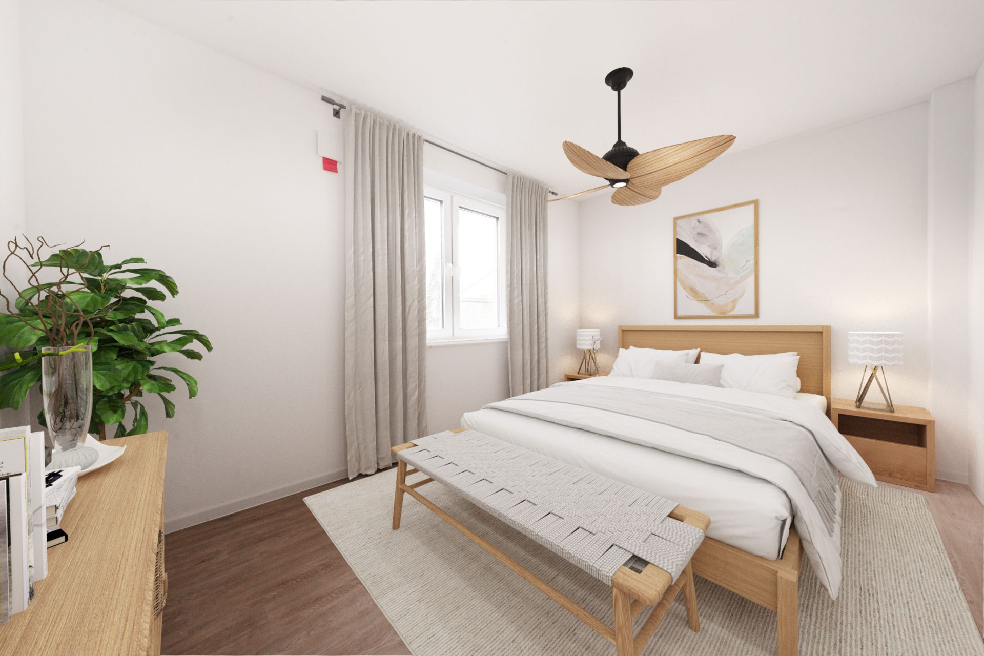 Helles Schlafzimmer mit Doppelbett, Holzbank, Pflanzen und Fenster mit Vorhängen.