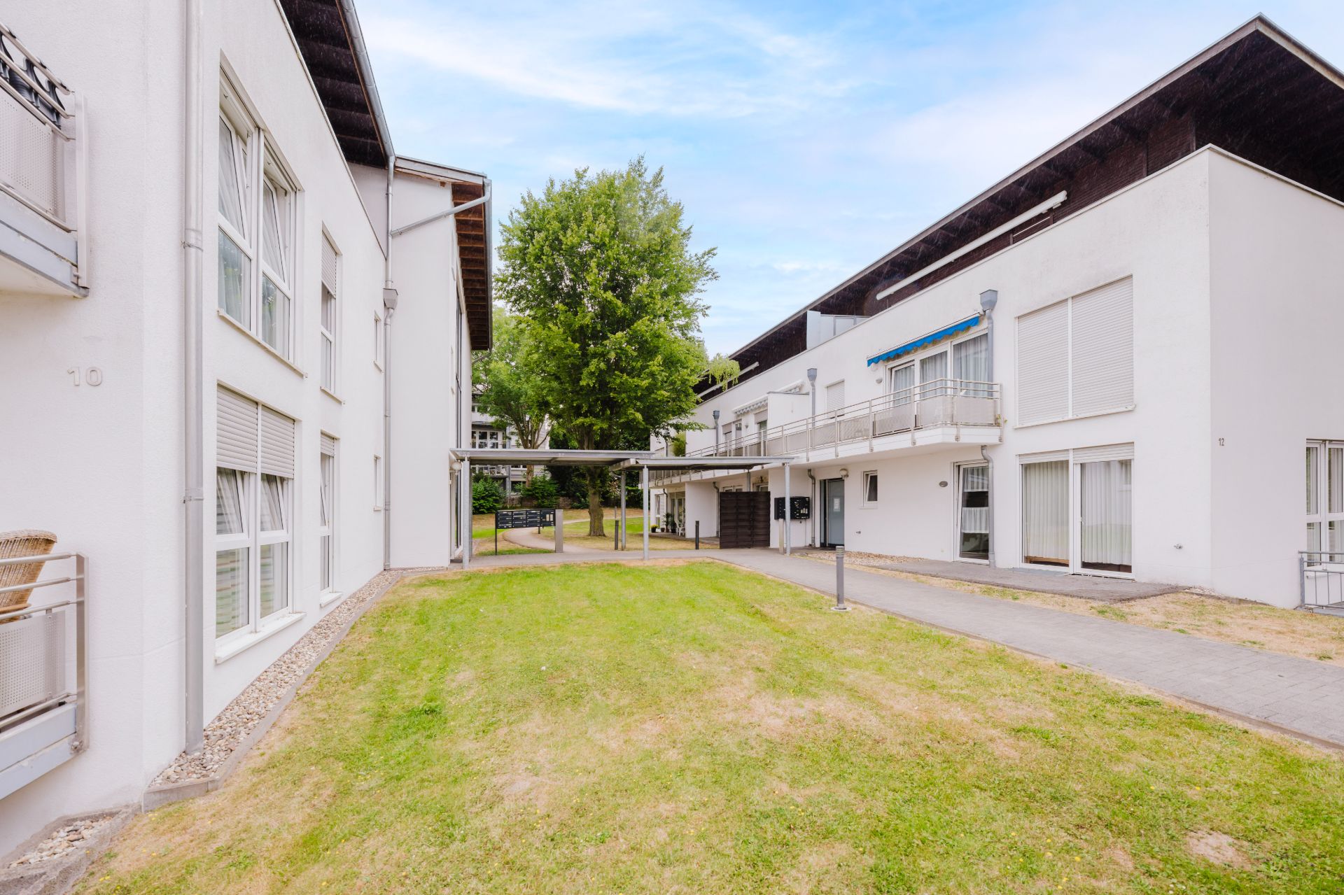 Innenhof mit Rasenfläche und zwei modernen weißen Wohngebäuden, im Hintergrund ein großer Baum.