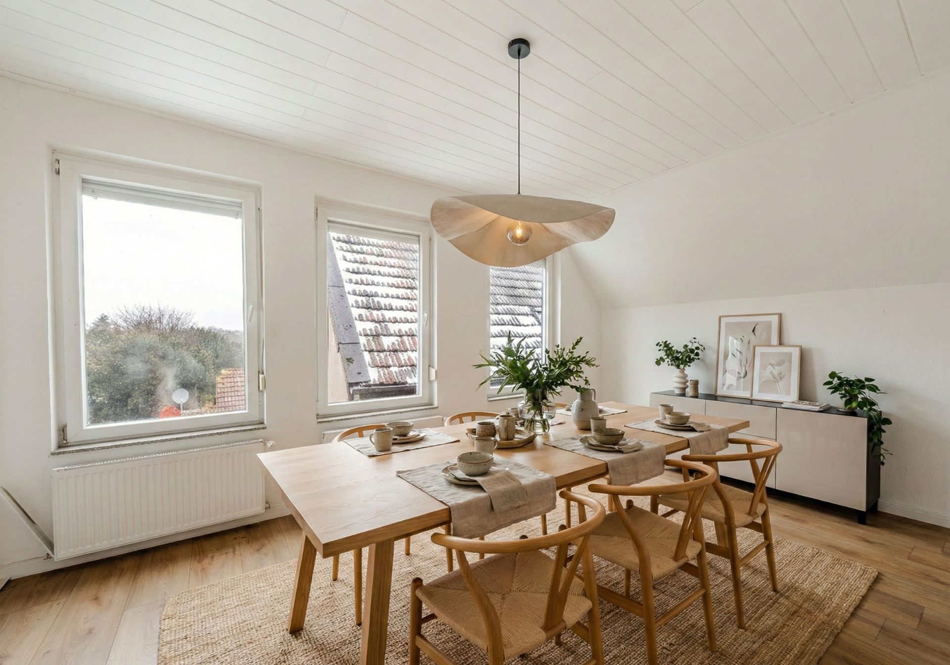 Heller Essbereich mit Holztisch, sechs Stühlen, großer Lampe und drei Fenstern.