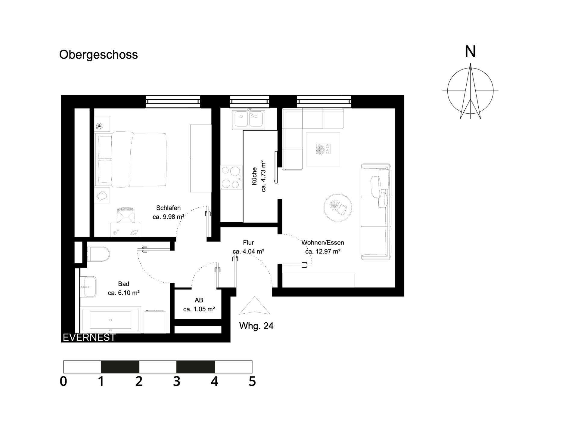 Grundriss einer Wohnung mit Schlafzimmer, Bad, Küche und Wohnbereich.