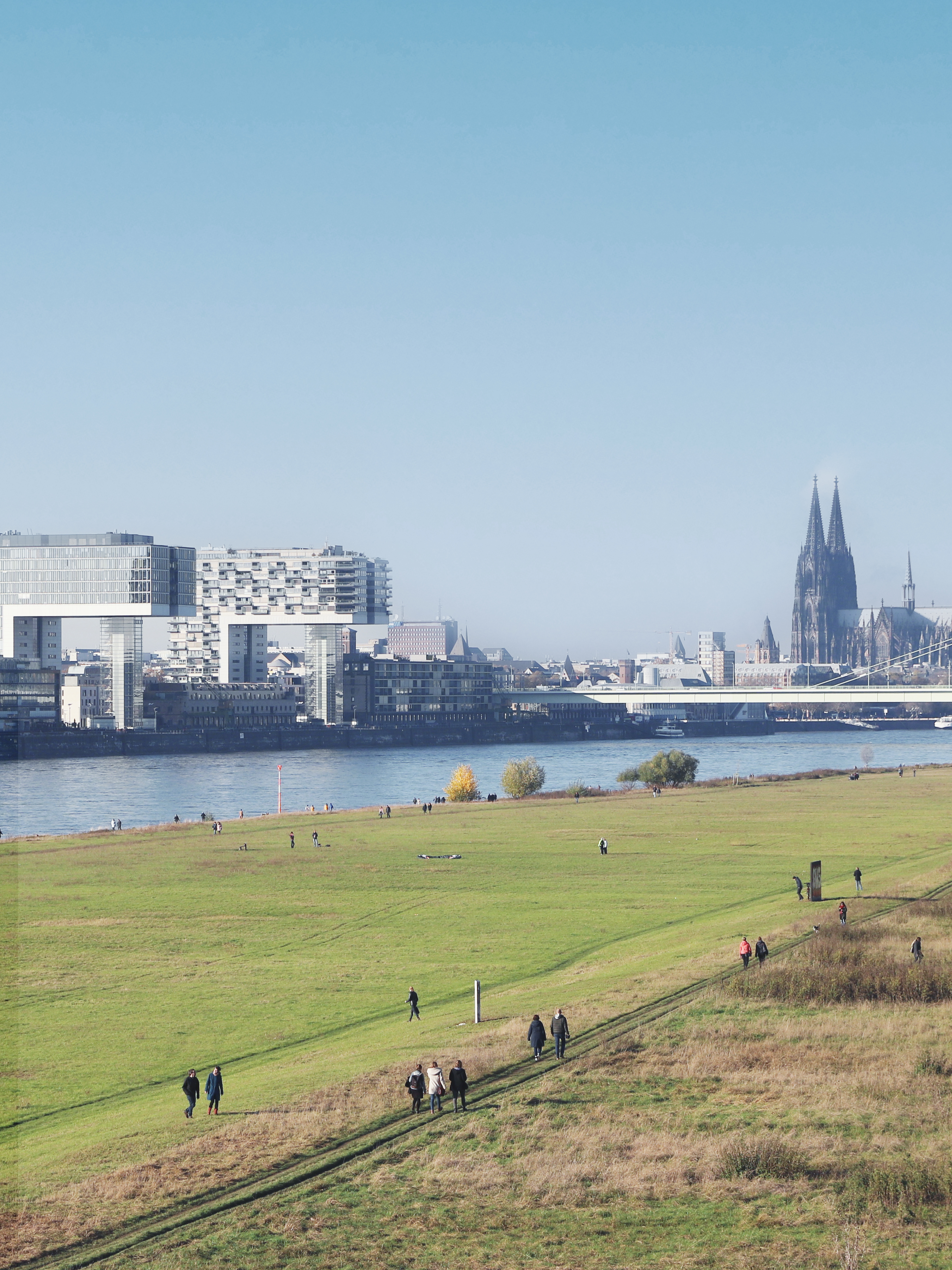 Grüne Wiese mit Spaziergängern, Fluss und Stadtpanorama im Hintergrund.