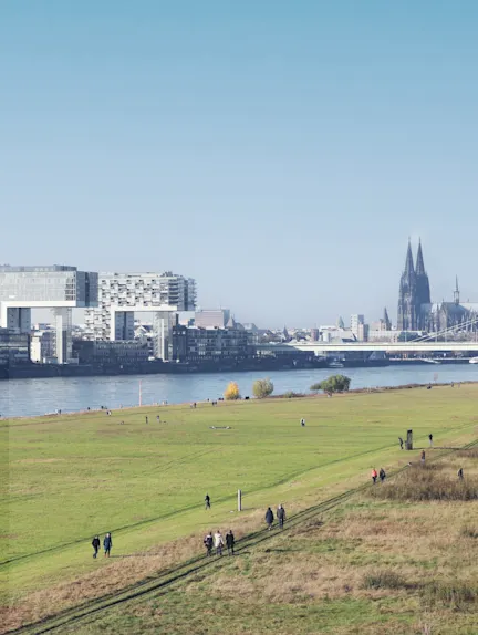 Grüne Wiese mit Spaziergängern, Fluss und Stadtpanorama im Hintergrund.