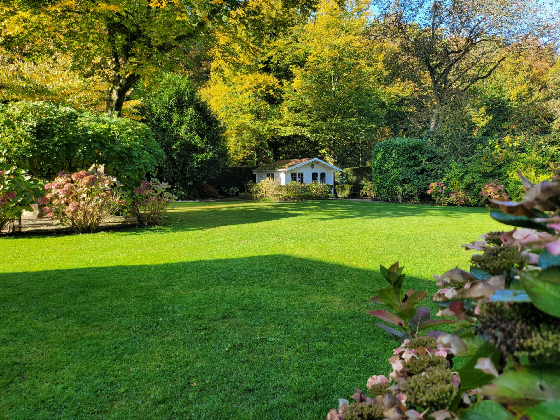 Großer grüner Garten mit Blumen, Bäumen und einem kleinen weißen Gartenhaus im Hintergrund.