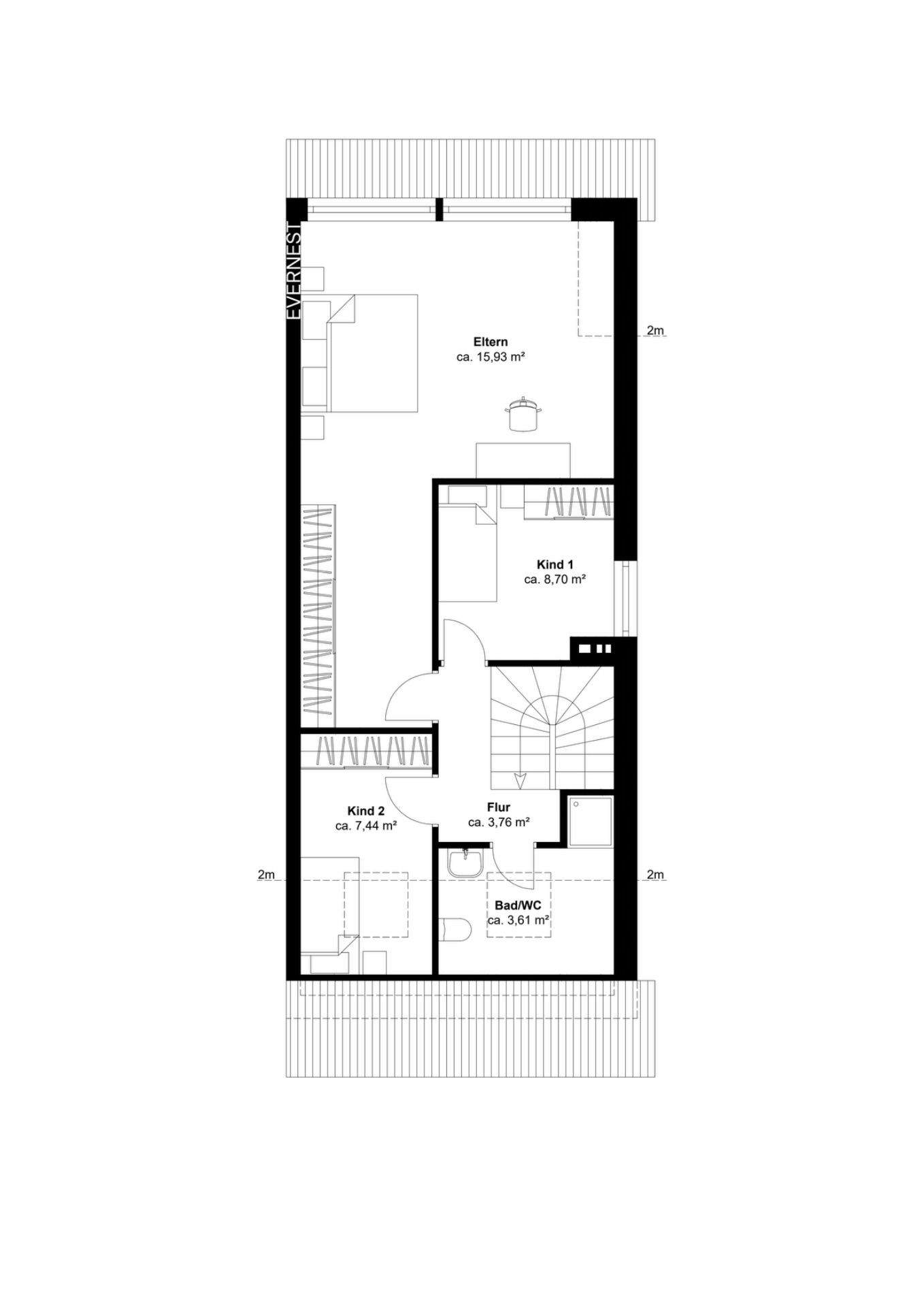 Grundriss einer Etage mit Schlafzimmer, zwei Kinderzimmern, Flur und Bad.