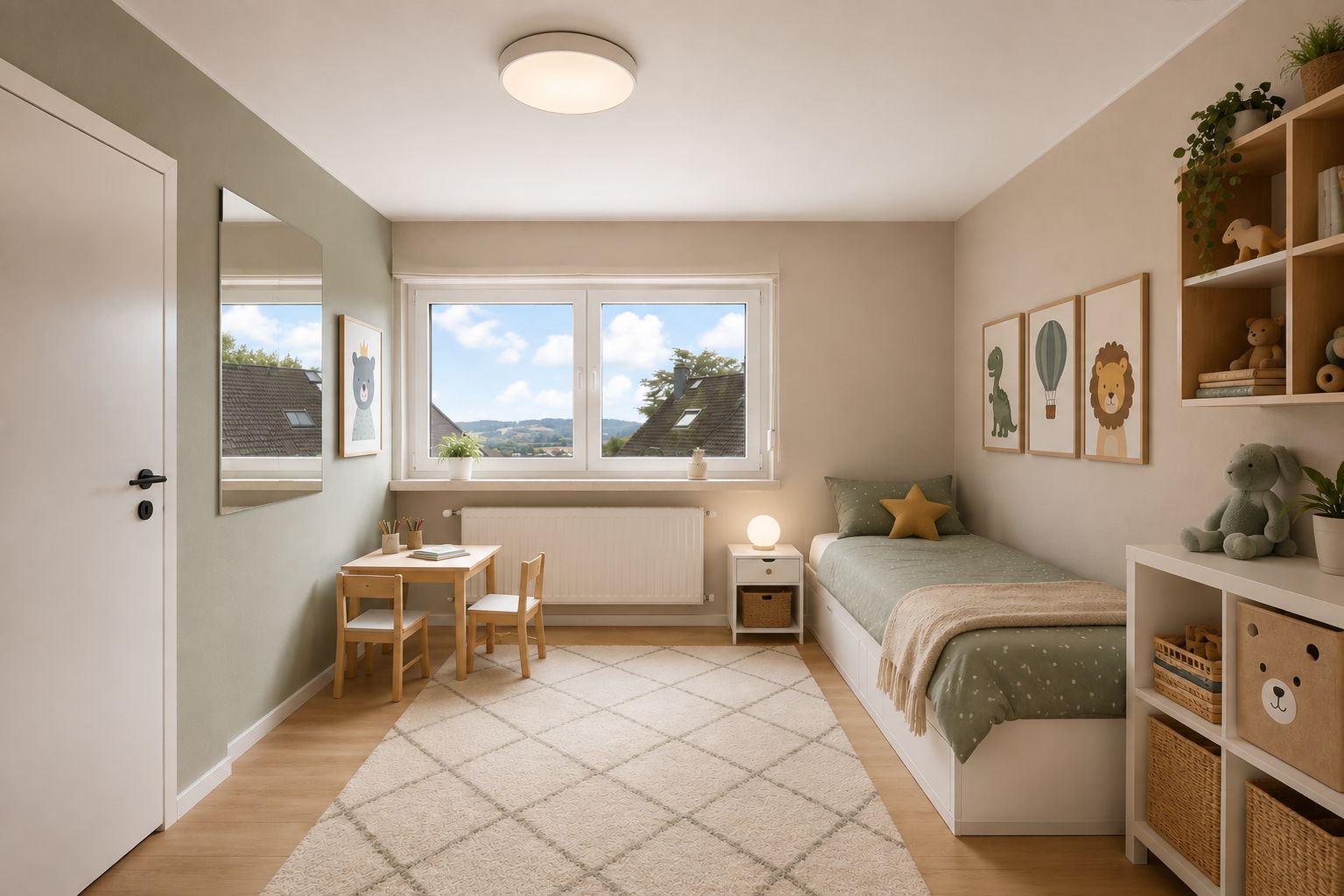 Helles Kinderzimmer mit Bett, Tisch, Stühlen, Regal und großen Fenstern.
