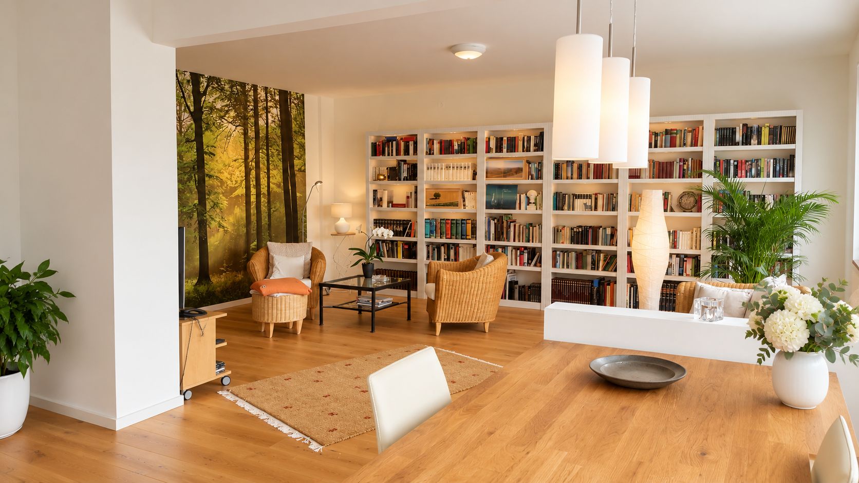 Helles Wohnzimmer mit Bücherregalen, Pflanzen, Sitzbereich und Holzboden.