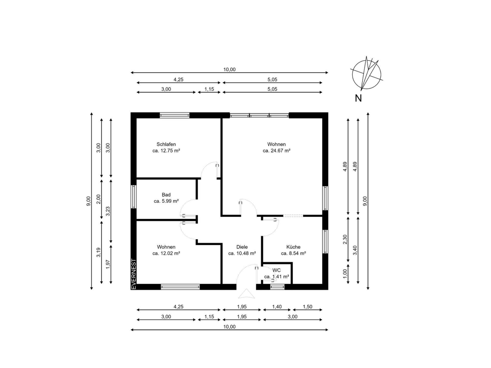 Grundriss einer Wohnung mit Wohnzimmer, Schlafzimmer, Bad, WC, Diele und Küche.