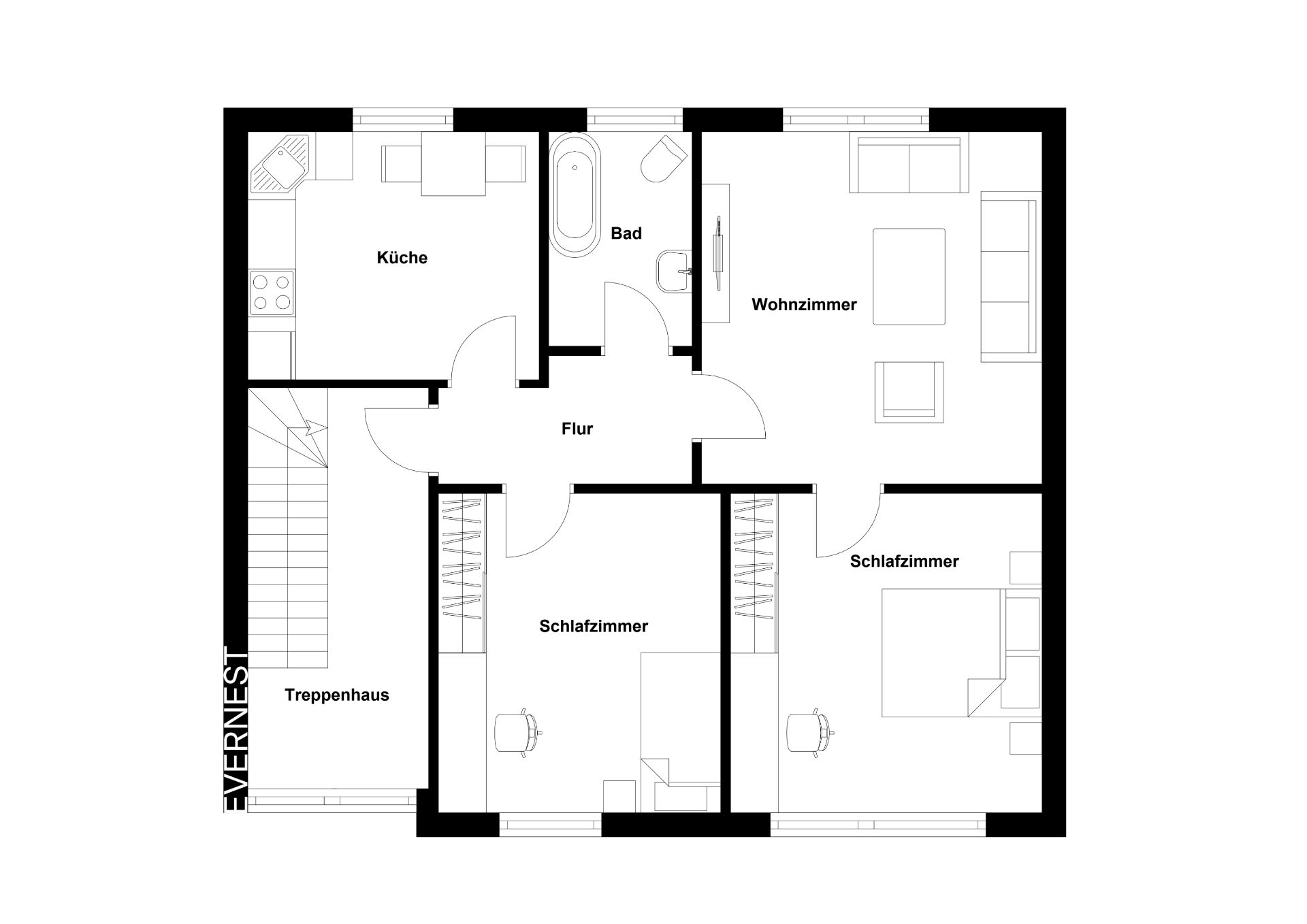 Grundriss einer Wohnung mit Wohnzimmer, Küche, Bad, Flur, zwei Schlafzimmern und Treppenhaus.