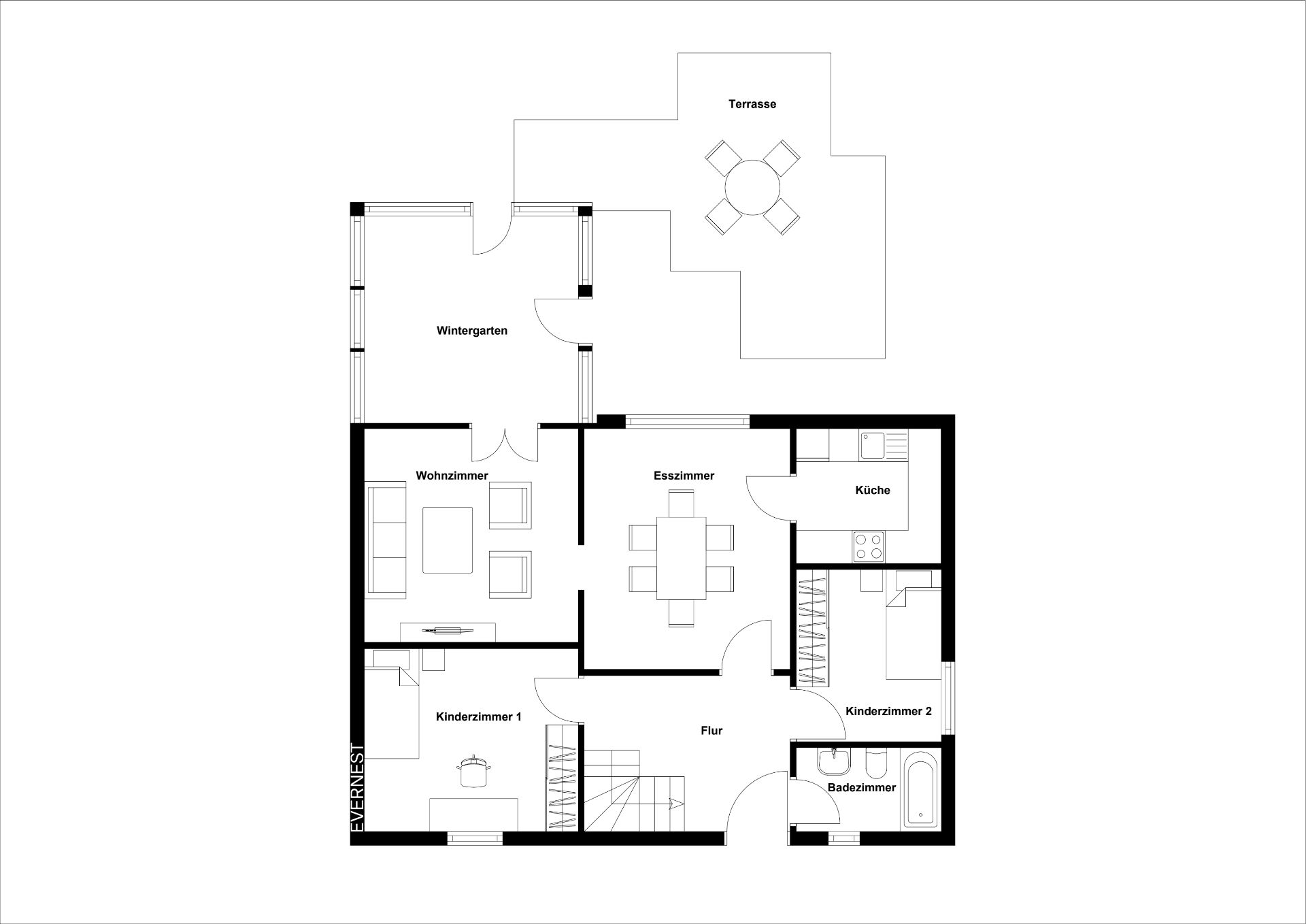 Grundriss eines Hauses mit Wohnzimmer, Esszimmer, Küche, zwei Kinderzimmern, Bad, Wintergarten und Terrasse.