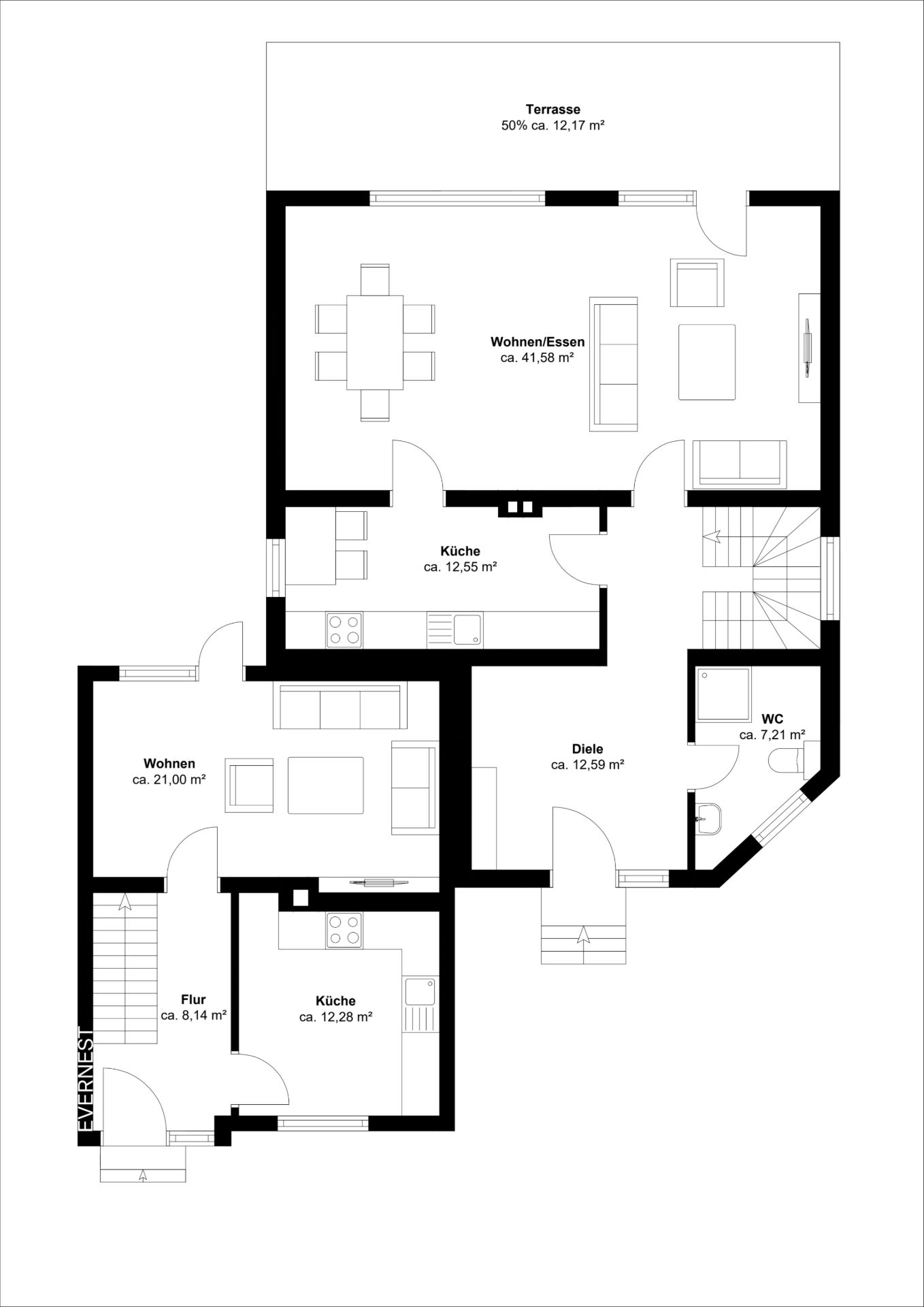 Grundriss einer Wohnung mit zwei Küchen, zwei Wohnzimmern, Flur, Diele, WC und Terrasse.