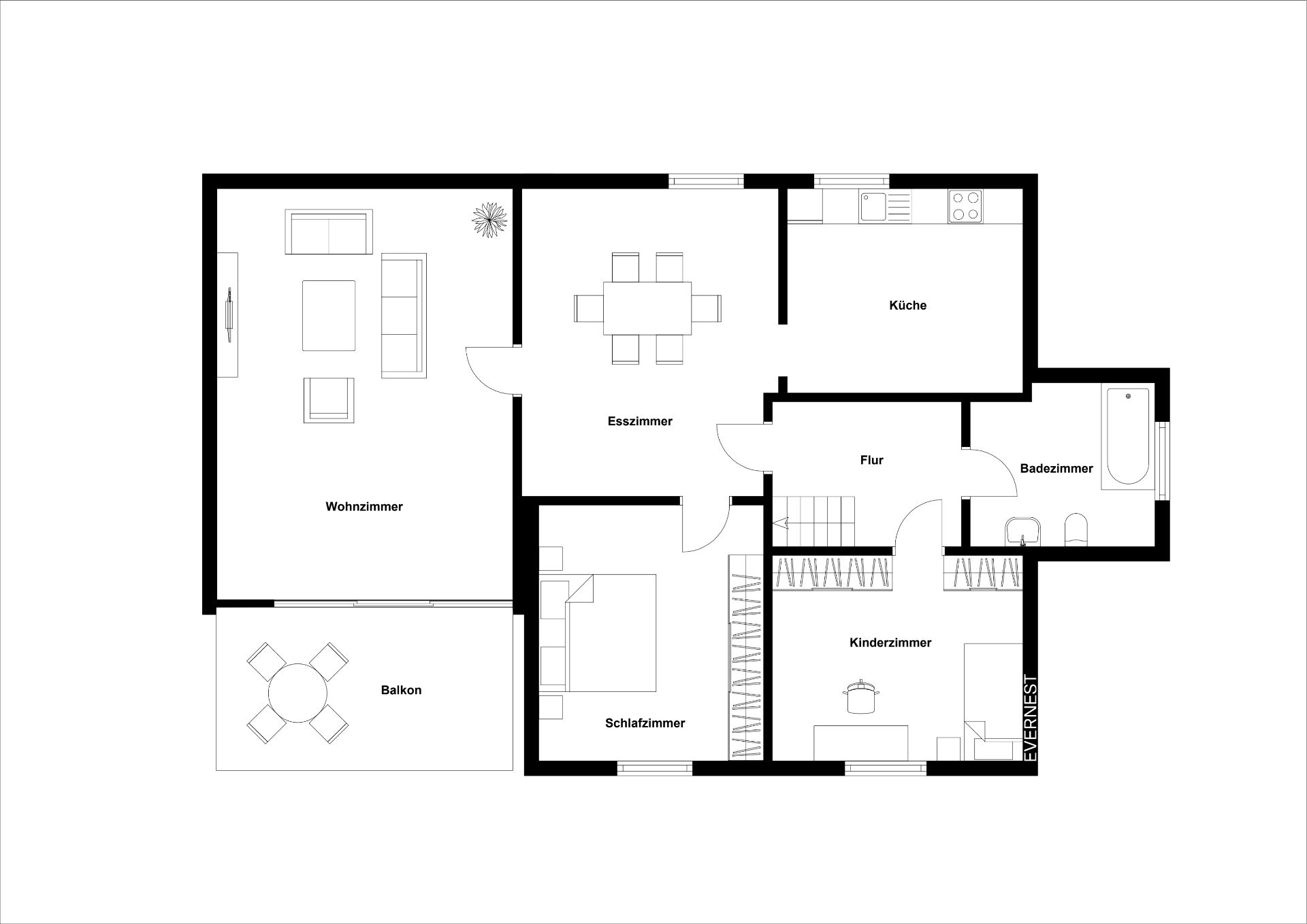 Grundriss einer Wohnung mit Wohnzimmer, Schlafzimmer, Kinderzimmer, Küche, Bad, Flur, Esszimmer und Balkon.