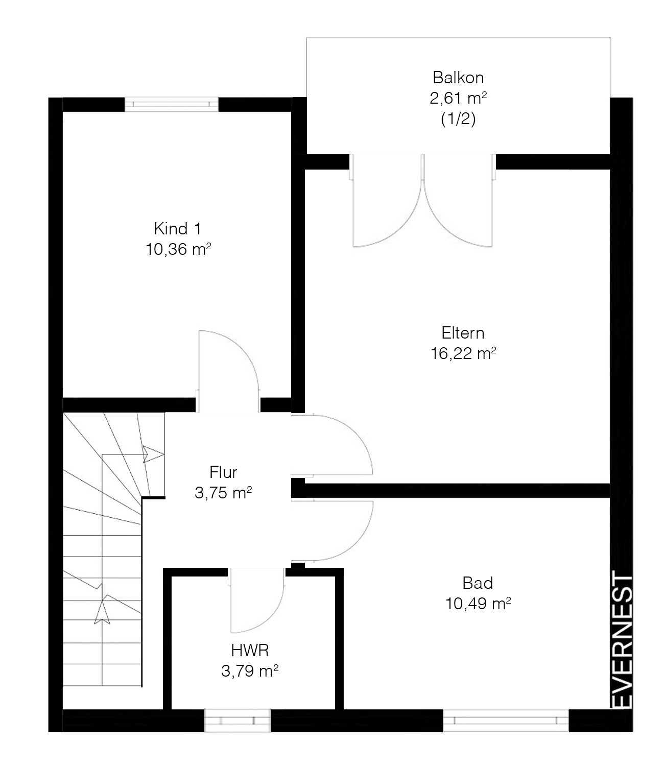 Grundriss mit Schlafzimmer, Kinderzimmer, Bad, HWR, Flur und Balkon.