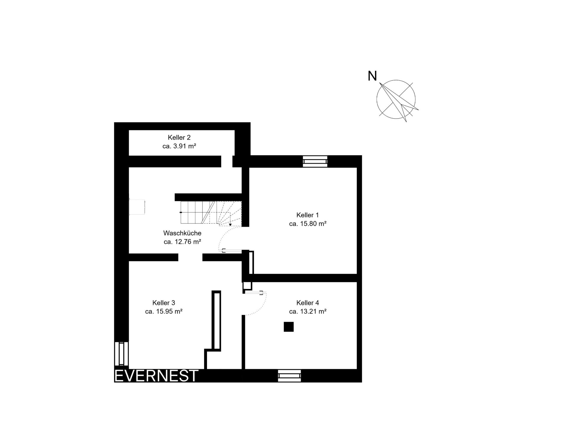 Grundriss eines Kellers mit vier Kellerräumen und einer Waschküche, Raumgrößen sind angegeben.