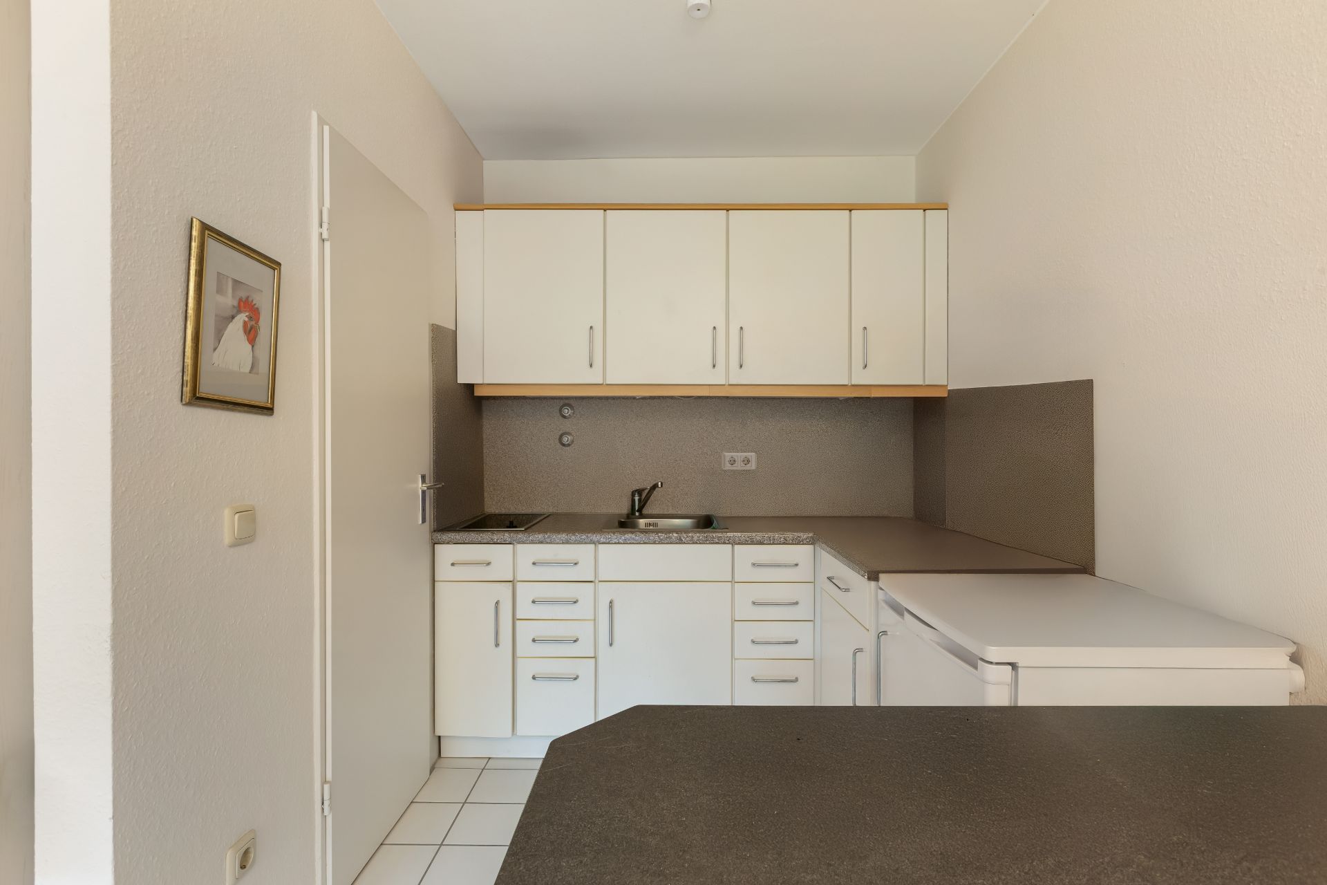 Kleine Küche mit weißen Schränken, Spüle, Herdplatte und Kühlschrank, Wandbild links.