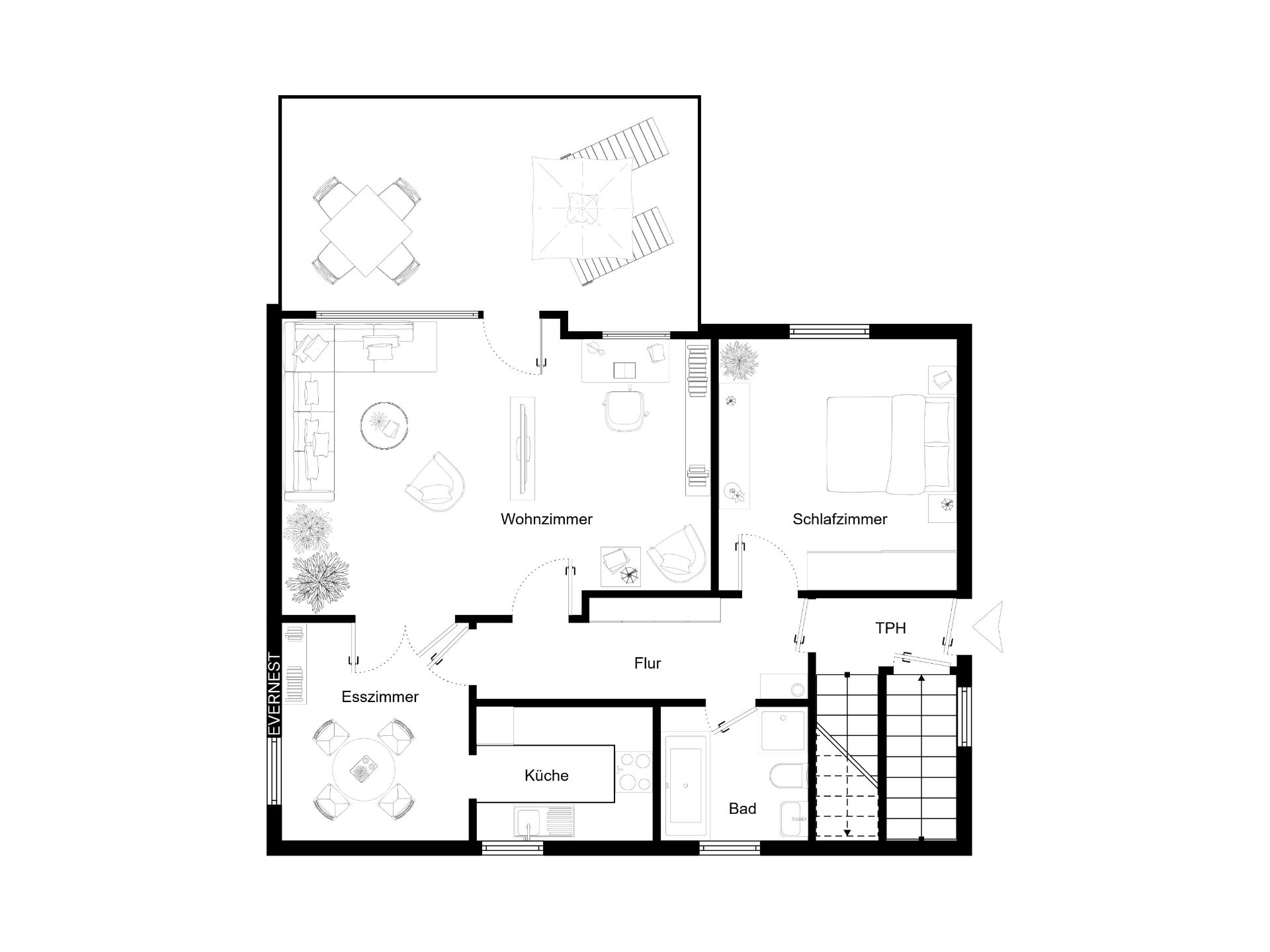 Grundriss mit Wohnzimmer, Schlafzimmer, Esszimmer, Küche, Bad, Flur und Terrasse.