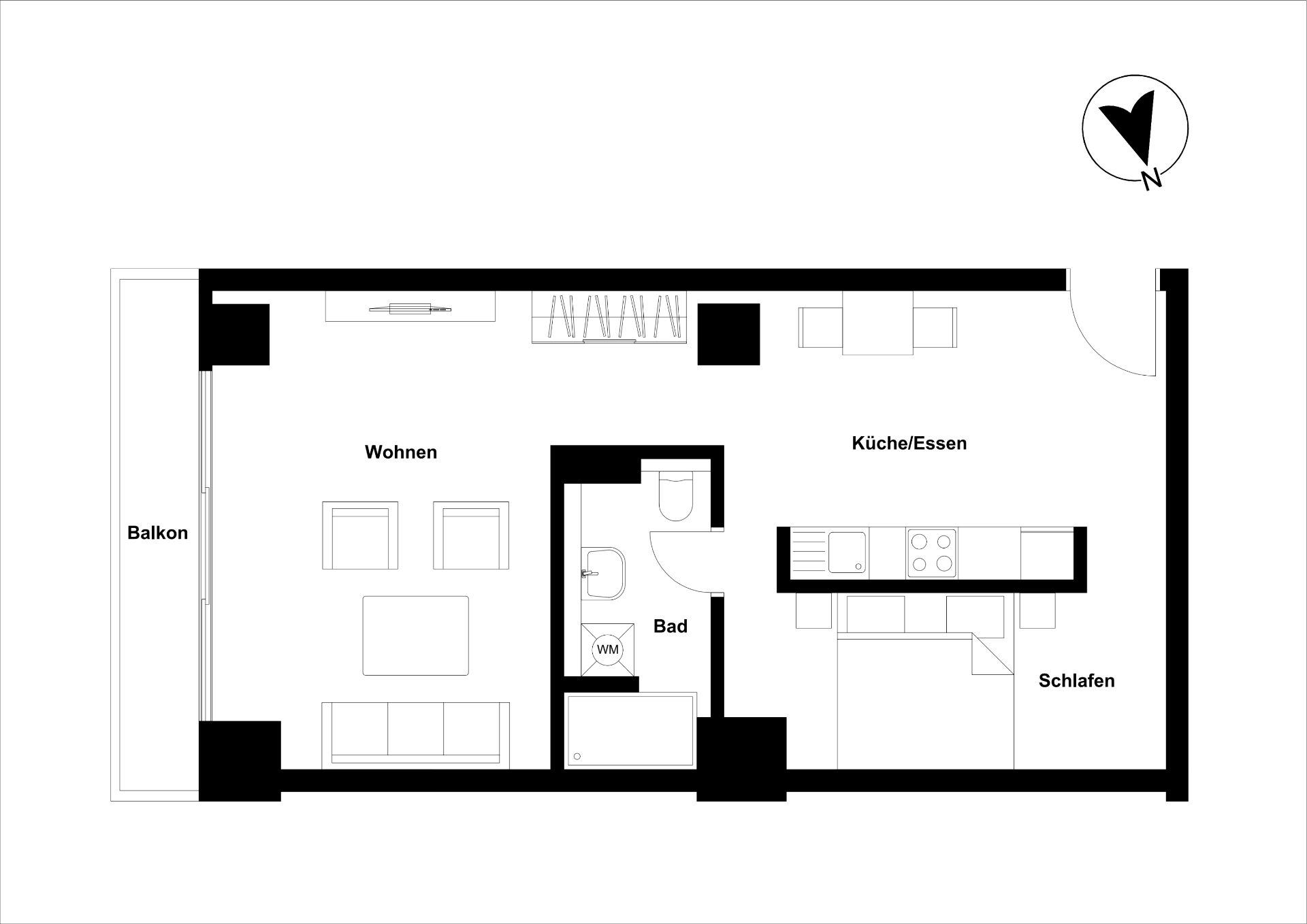 Grundriss einer Wohnung mit Balkon, Wohnbereich, Küche, Bad und Schlafzimmer.