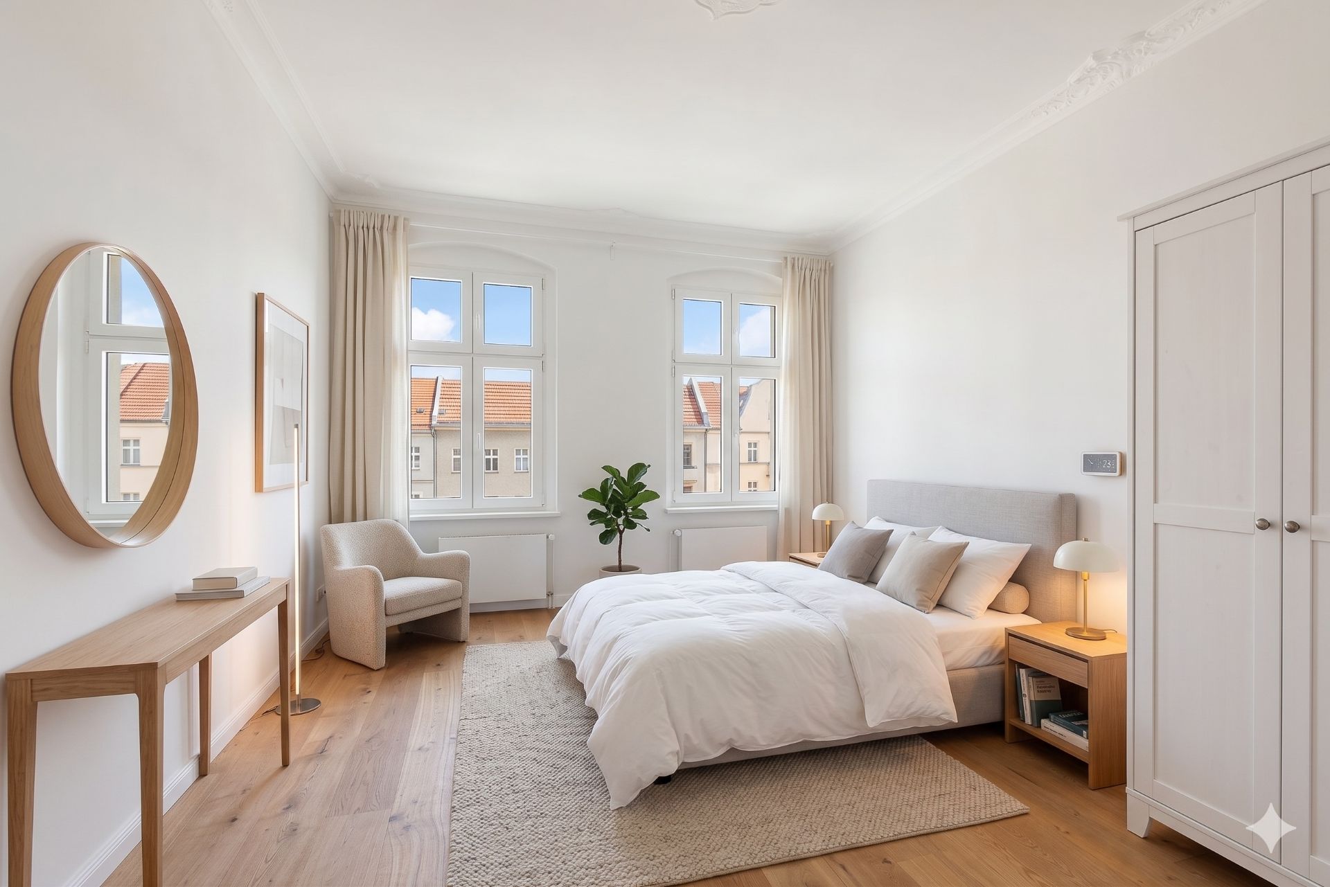 Helles Schlafzimmer mit Doppelbett, zwei Fenstern, Schrank, Stuhl und Pflanzen auf Holzfußboden.