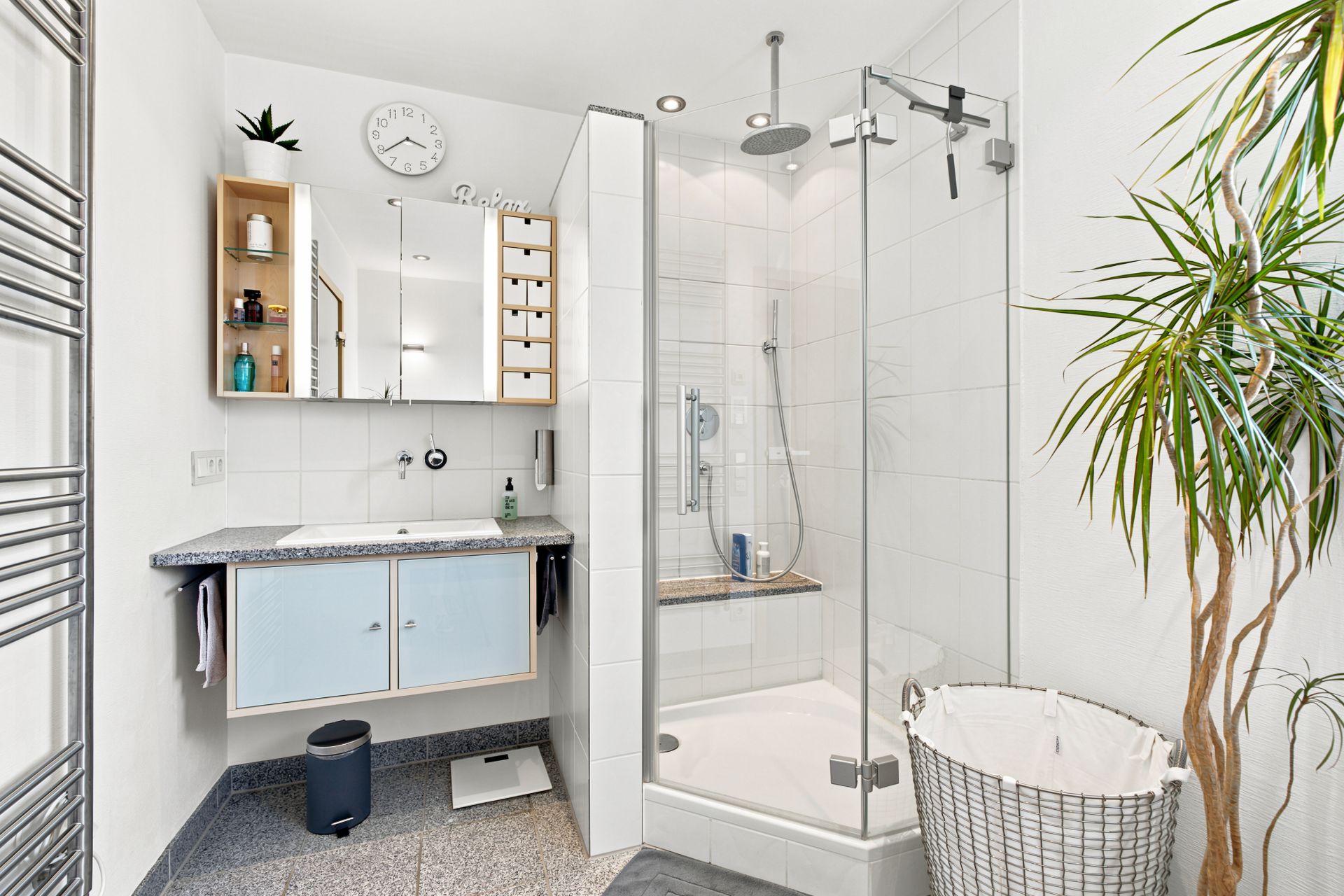 Modernes Badezimmer mit Glasdusche, Waschbecken, Spiegel, Regal und einer großen Zimmerpflanze.