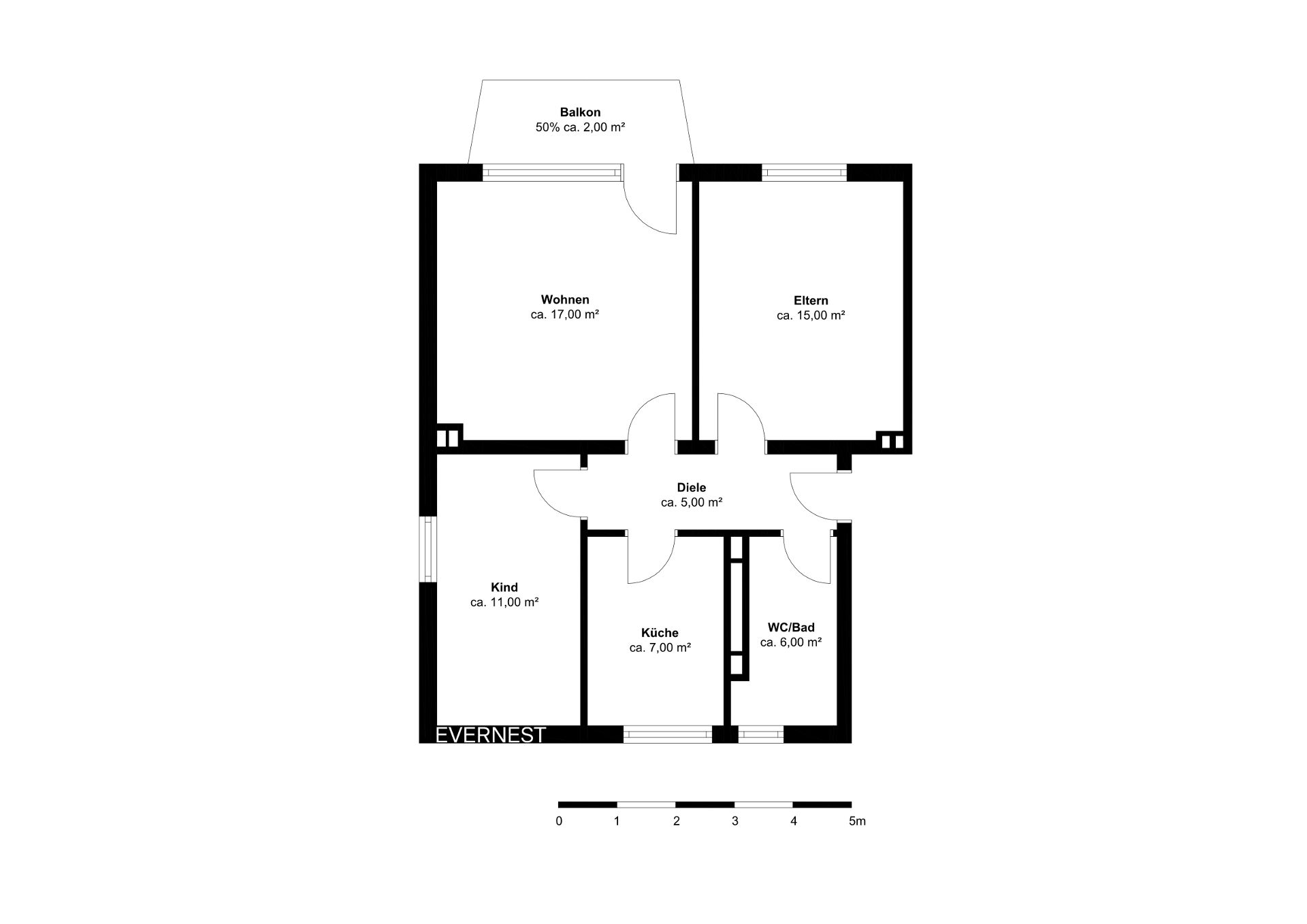 Grundriss einer Wohnung mit Wohn-, Eltern-, Kinderzimmer, Küche, Bad und Balkon.