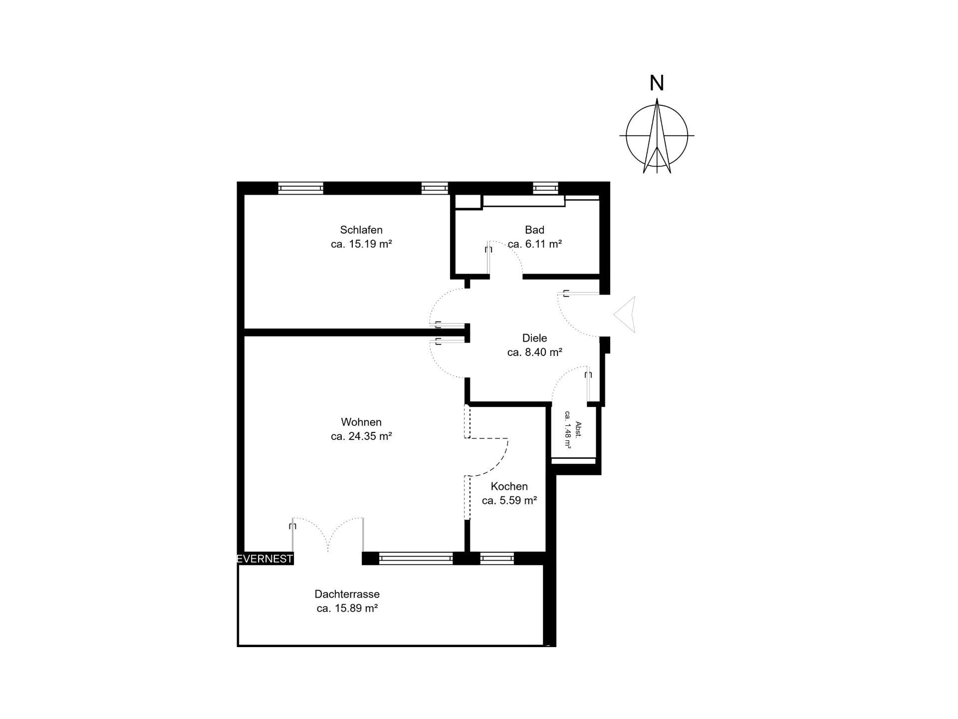 Grundriss einer Wohnung mit Schlaf-, Wohn-, Bad-, Küchenbereich und Dachterrasse.