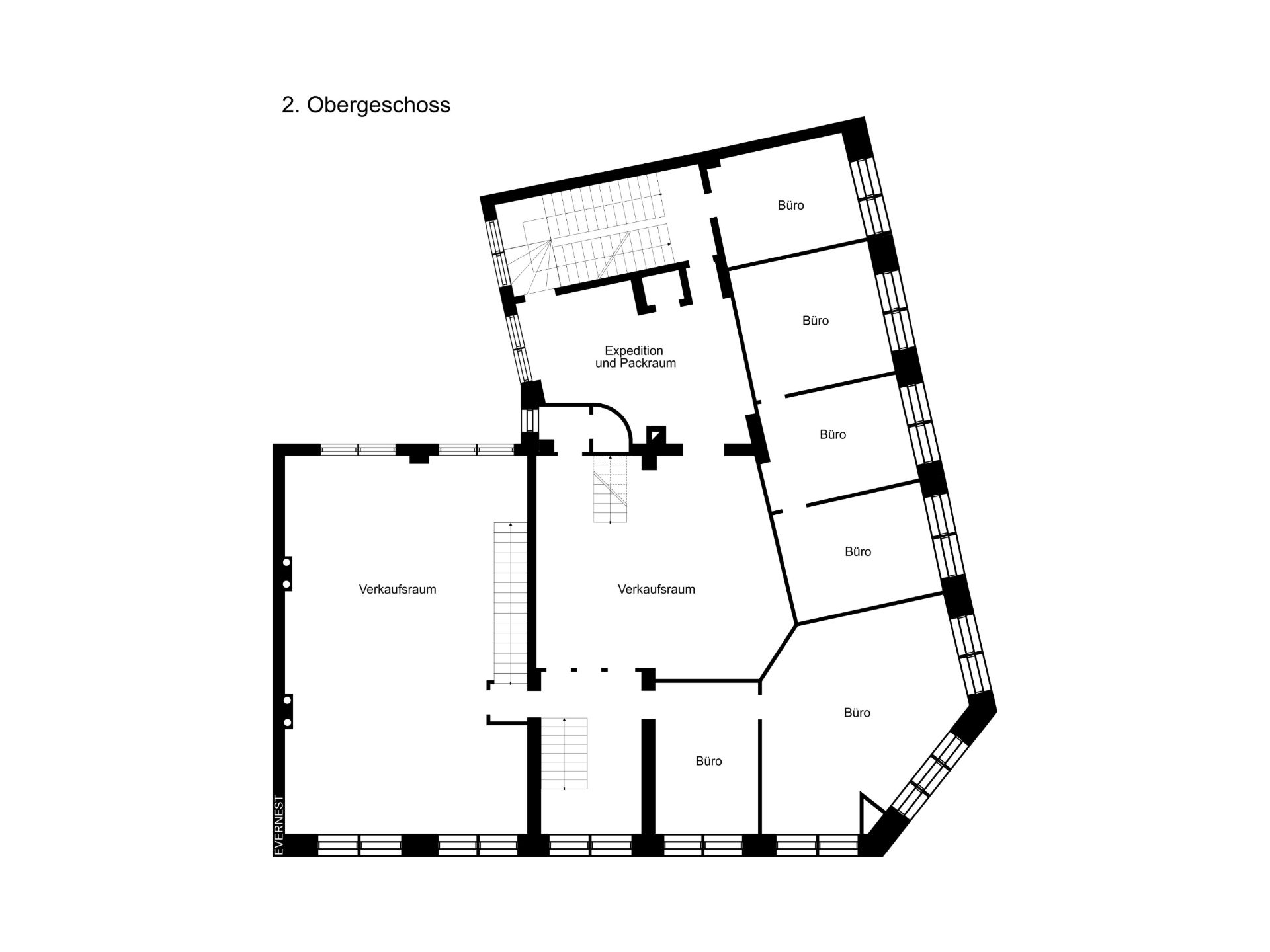 Grundriss eines oberen Stockwerks mit mehreren Büros, Verkaufsräumen und einem Packraum.