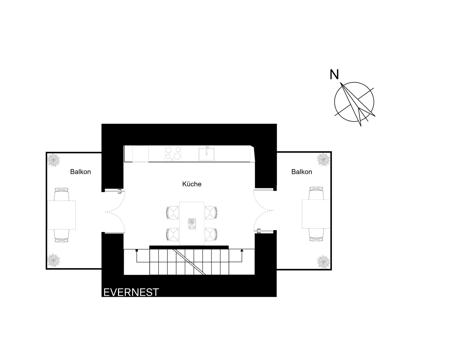 Grundriss mit Küche in der Mitte und zwei Balkonen an den Seiten.